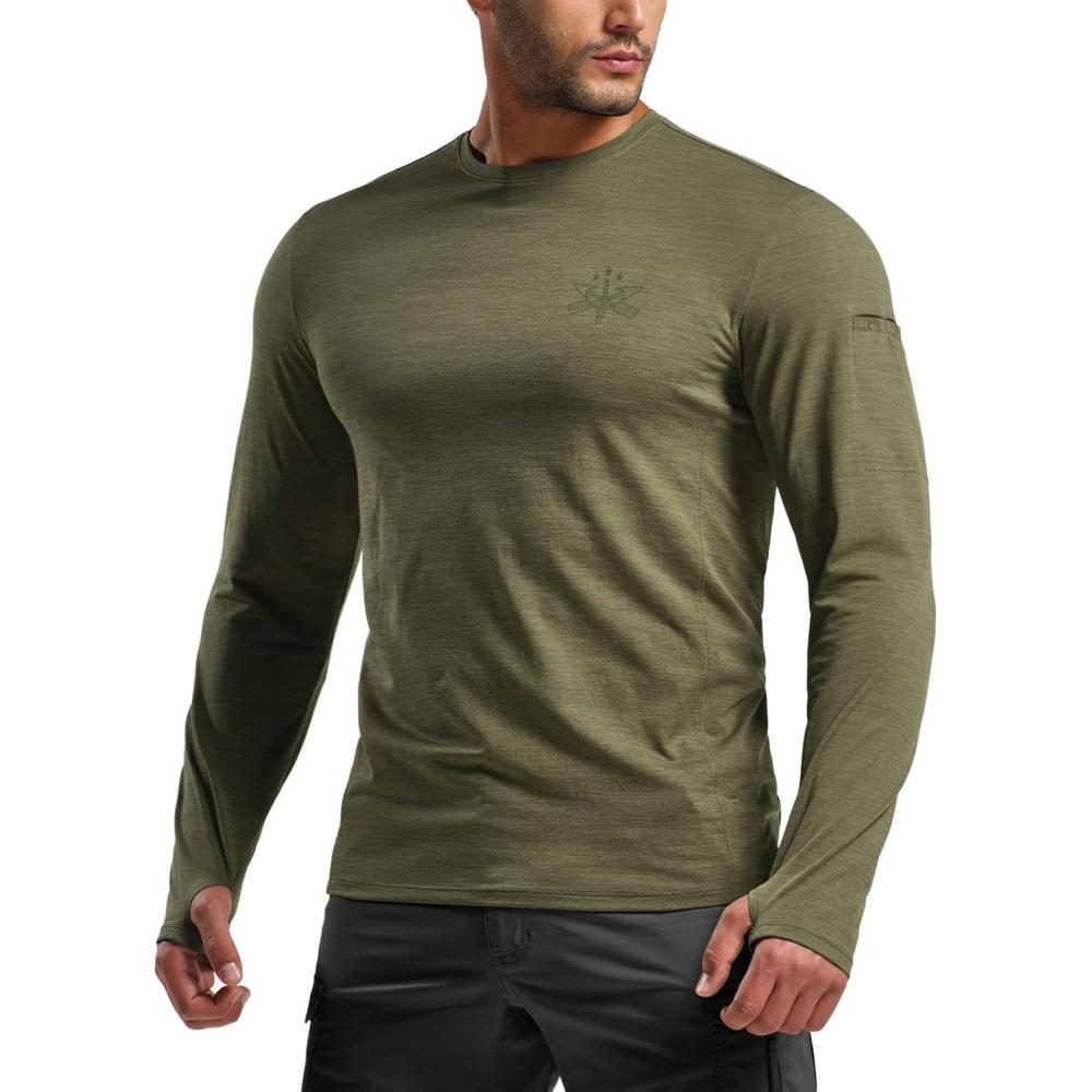 imageCQR Mens UPF 50 Sun Protection Long Sleeve Quick Dry Athletic Shirts Stretch Running Workout Hiking TShirtsNightfall Soil Green