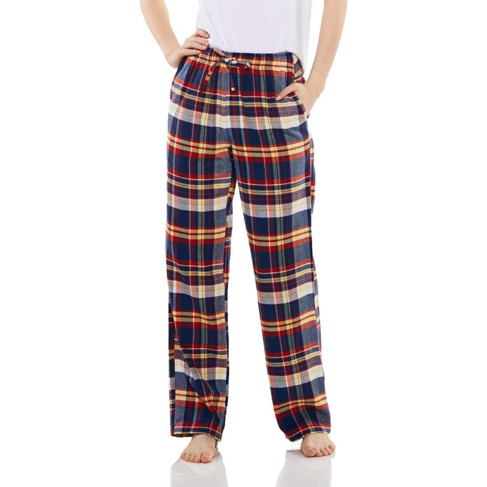 imageCQR Womens 100 Cotton Flannel Plaid Pajama Pants Brushed Soft Lounge ampamp Sleepwear PJ Bottoms with PocketsFlannel Pants Navy  Orange