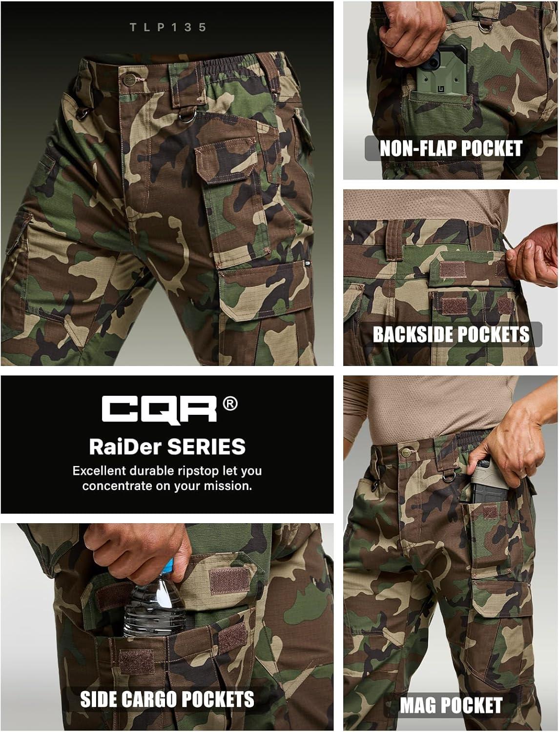 imageCQR Mens Tactical Pants Water Resistant Ripstop Cargo Pants Lightweight EDC Work Hiking Pants Outdoor ApparelDuratex Mag Pocket Print Woodland Camo