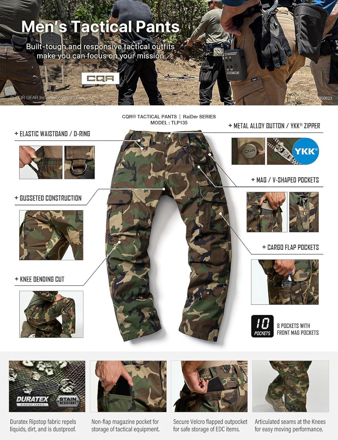 imageCQR Mens Tactical Pants Water Resistant Ripstop Cargo Pants Lightweight EDC Work Hiking Pants Outdoor ApparelDuratex Mag Pocket Print Woodland Camo