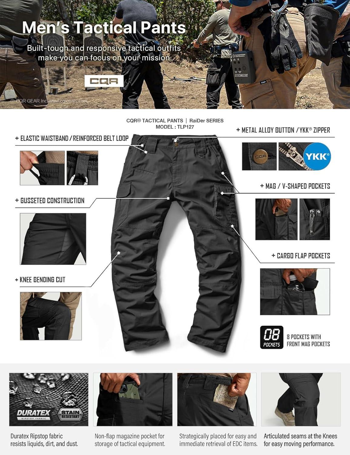 imageCQR Mens Tactical Pants Water Resistant Ripstop Cargo Pants Lightweight EDC Work Hiking Pants Outdoor ApparelRaider Mag Pocket Black