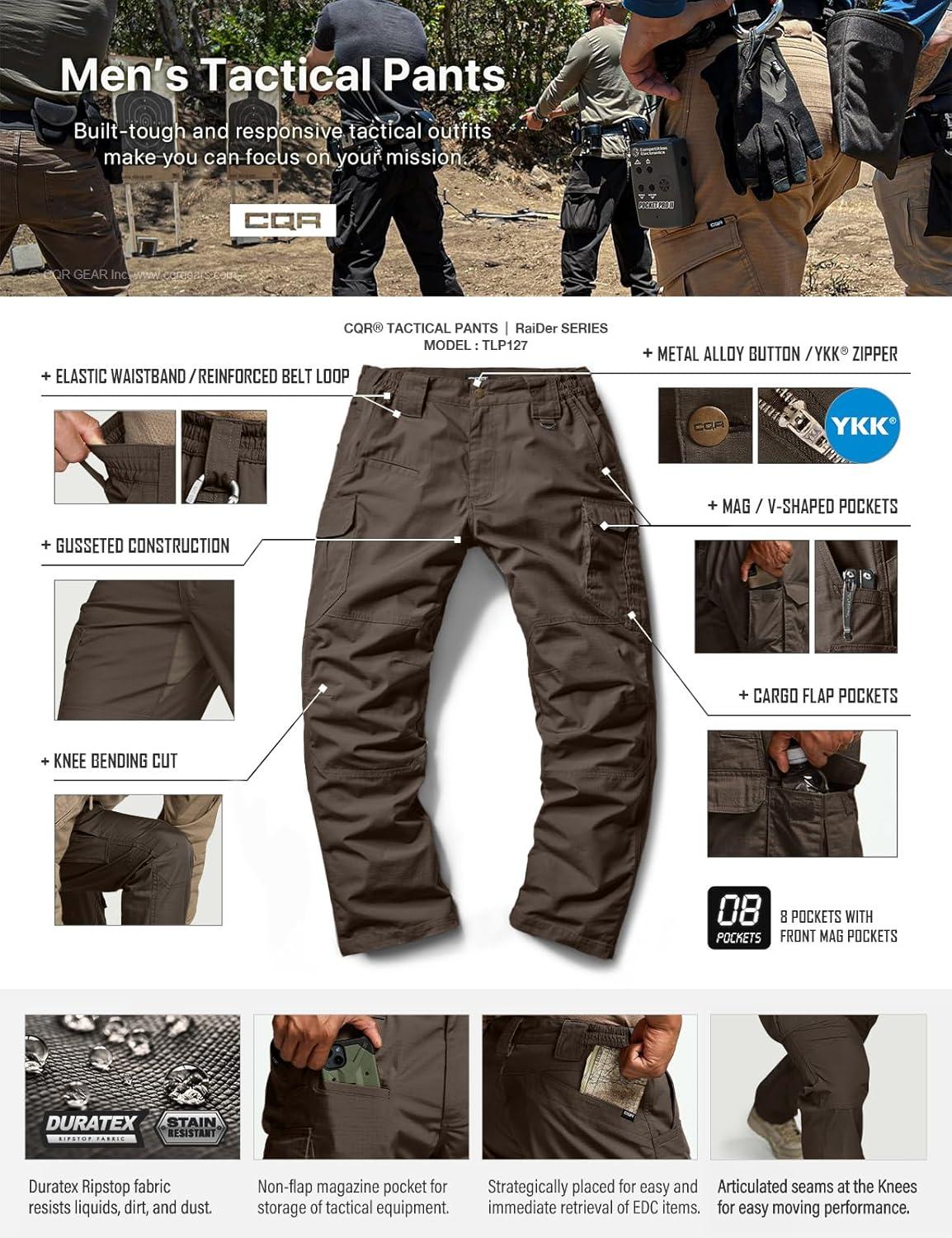 imageCQR Mens Tactical Pants Water Resistant Ripstop Cargo Pants Lightweight EDC Work Hiking Pants Outdoor ApparelRaider Mag Pocket Dark Brown