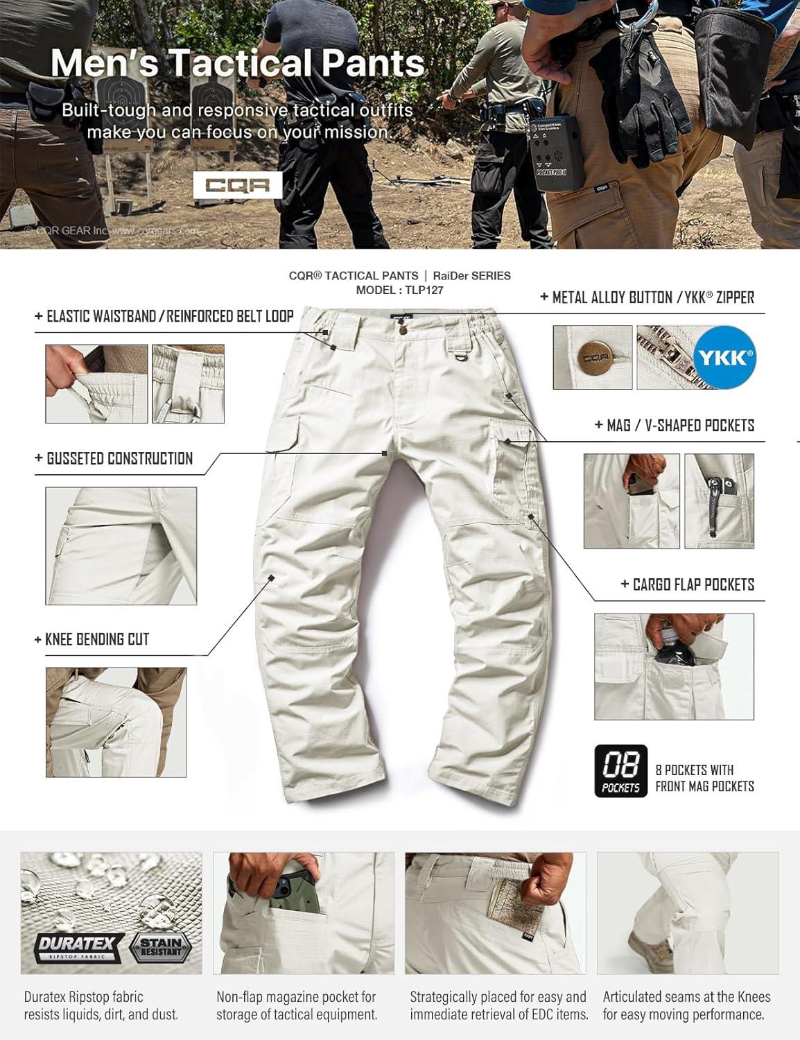 imageCQR Mens Tactical Pants Water Resistant Ripstop Cargo Pants Lightweight EDC Work Hiking Pants Outdoor ApparelRaider Mag Pocket Frosted White