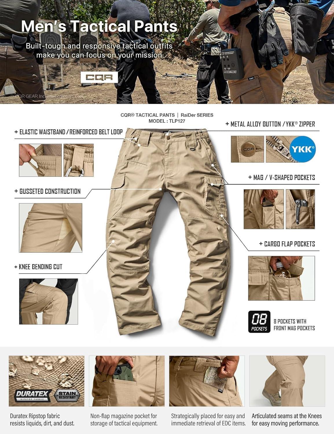 imageCQR Mens Tactical Pants Water Resistant Ripstop Cargo Pants Lightweight EDC Work Hiking Pants Outdoor ApparelRaider Mag Pocket Khaki