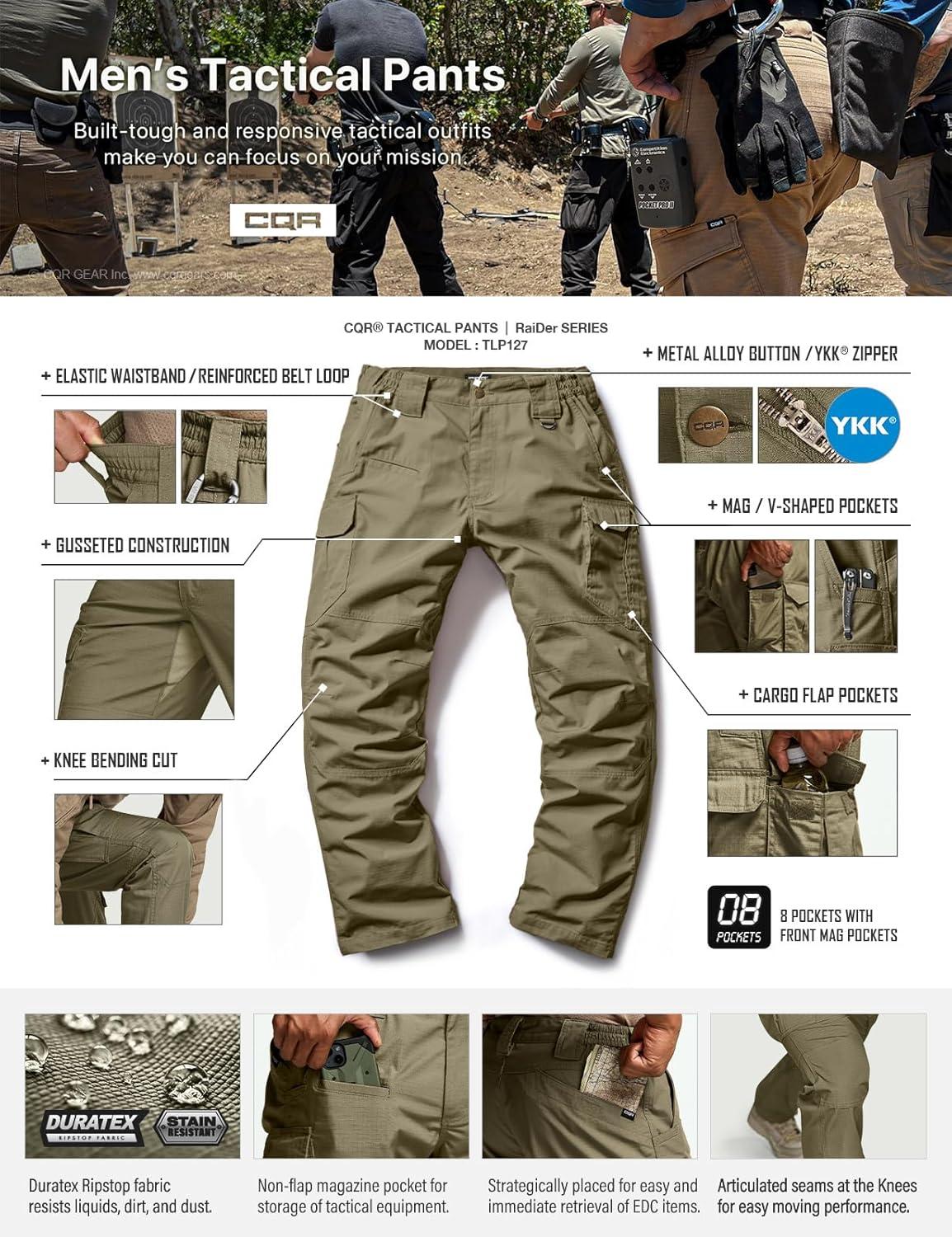 imageCQR Mens Tactical Pants Water Resistant Ripstop Cargo Pants Lightweight EDC Work Hiking Pants Outdoor ApparelRaider Mag Pocket Soil Green