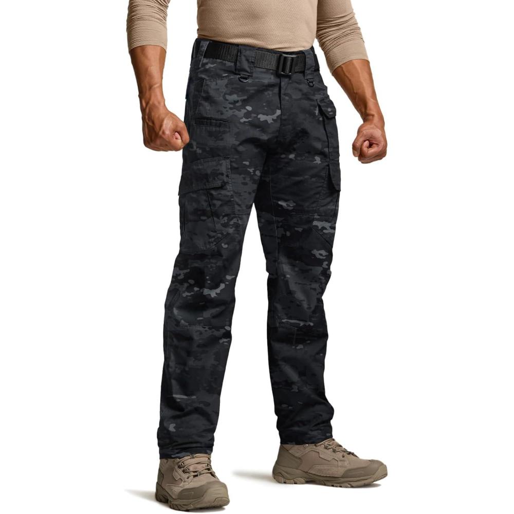 imageCQR Mens Tactical Pants Water Resistant Ripstop Cargo Pants Lightweight EDC Work Hiking Pants Outdoor ApparelDuratex Mag Pocket Print Utility Camo Black