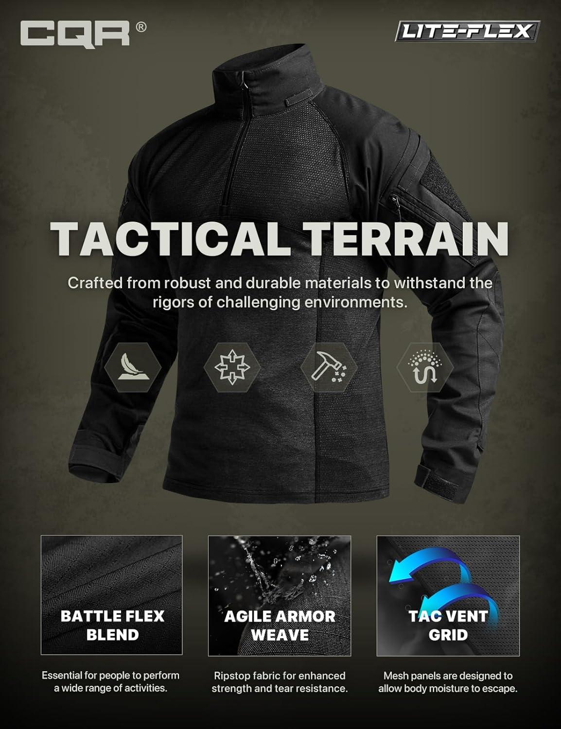 imageCQR Mens Combat Shirt Tactical 14 Zip Long Sleeve Military BDU Shirts Camo EDC Top with PocketsRaider Black