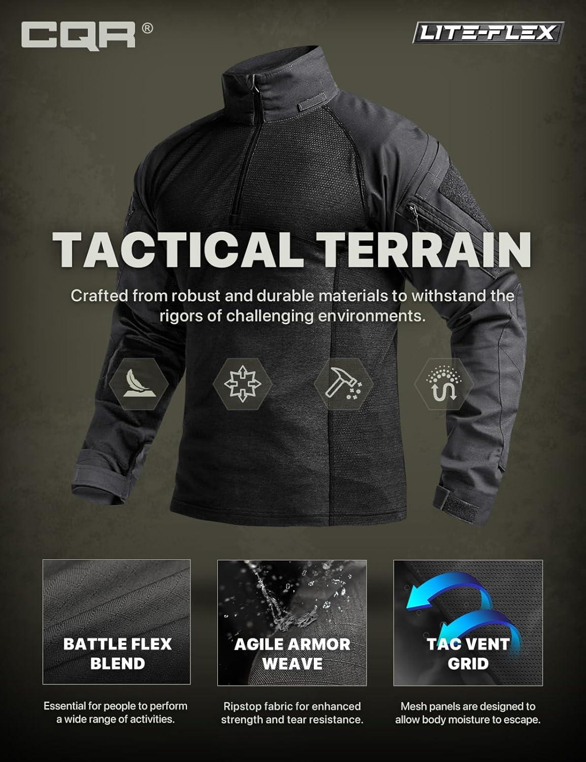 imageCQR Mens Combat Shirt Tactical 14 Zip Long Sleeve Military BDU Shirts Camo EDC Top with PocketsRaider Charcoal