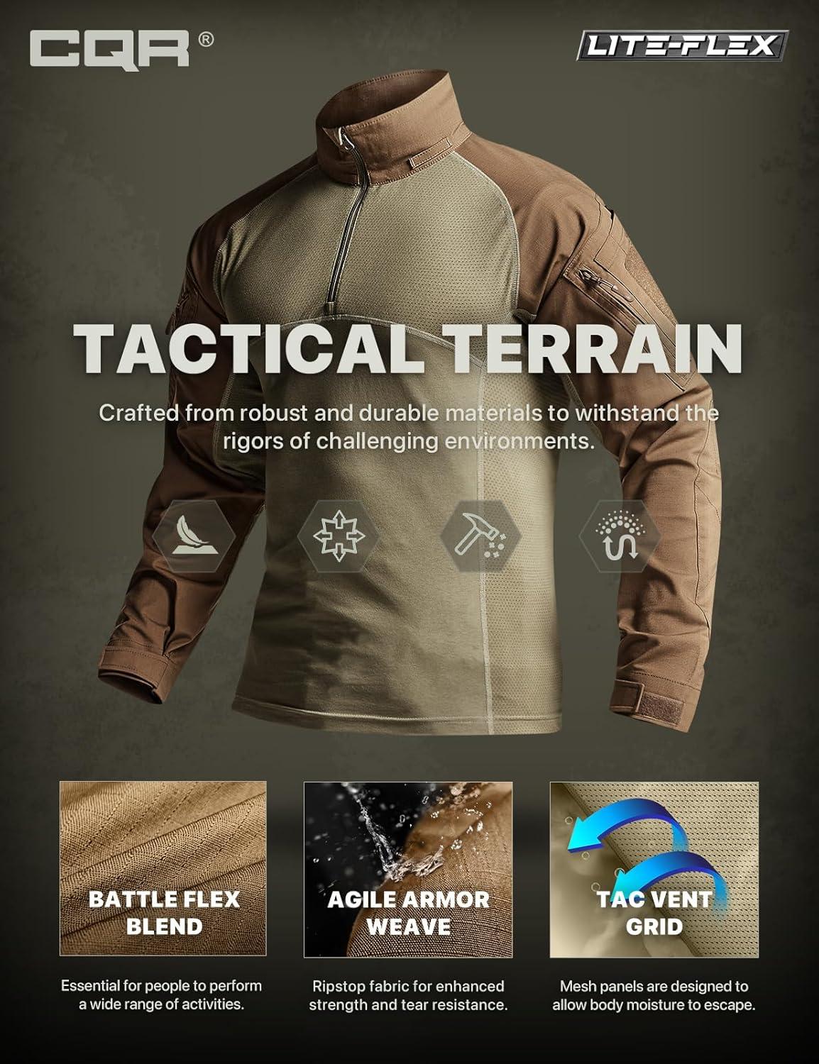 imageCQR Mens Combat Shirt Tactical 14 Zip Long Sleeve Military BDU Shirts Camo EDC Top with PocketsRaider Cougar