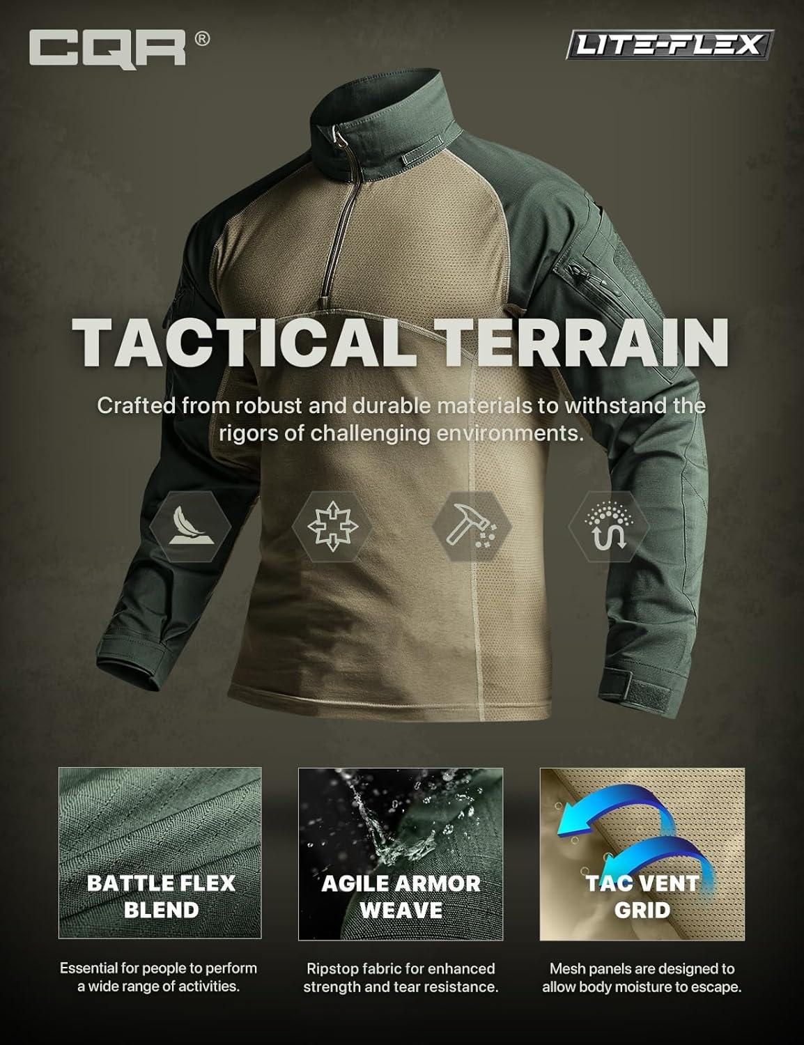 imageCQR Mens Combat Shirt Tactical 14 Zip Long Sleeve Military BDU Shirts Camo EDC Top with PocketsRaider Green Kelp