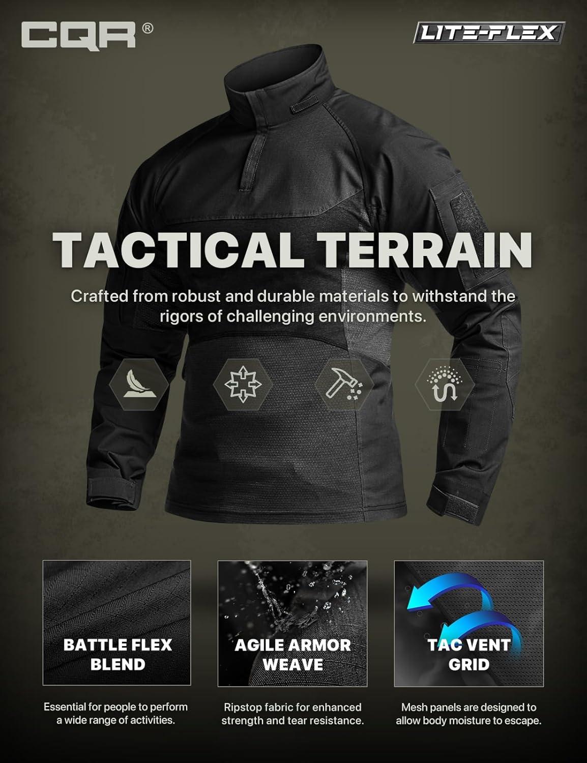 imageCQR Mens Combat Shirt Tactical 14 Zip Long Sleeve Military BDU Shirts Camo EDC Top with PocketsRaider Pro Black