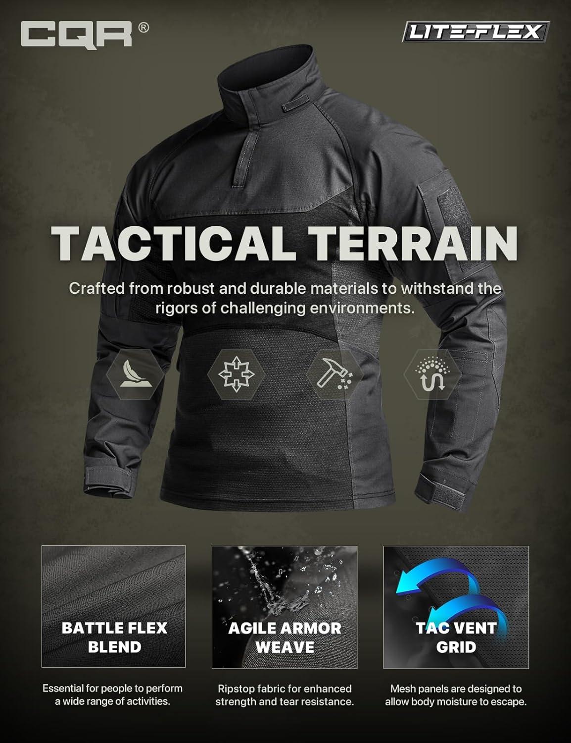 imageCQR Mens Combat Shirt Tactical 14 Zip Long Sleeve Military BDU Shirts Camo EDC Top with PocketsRaider Pro Charcoal