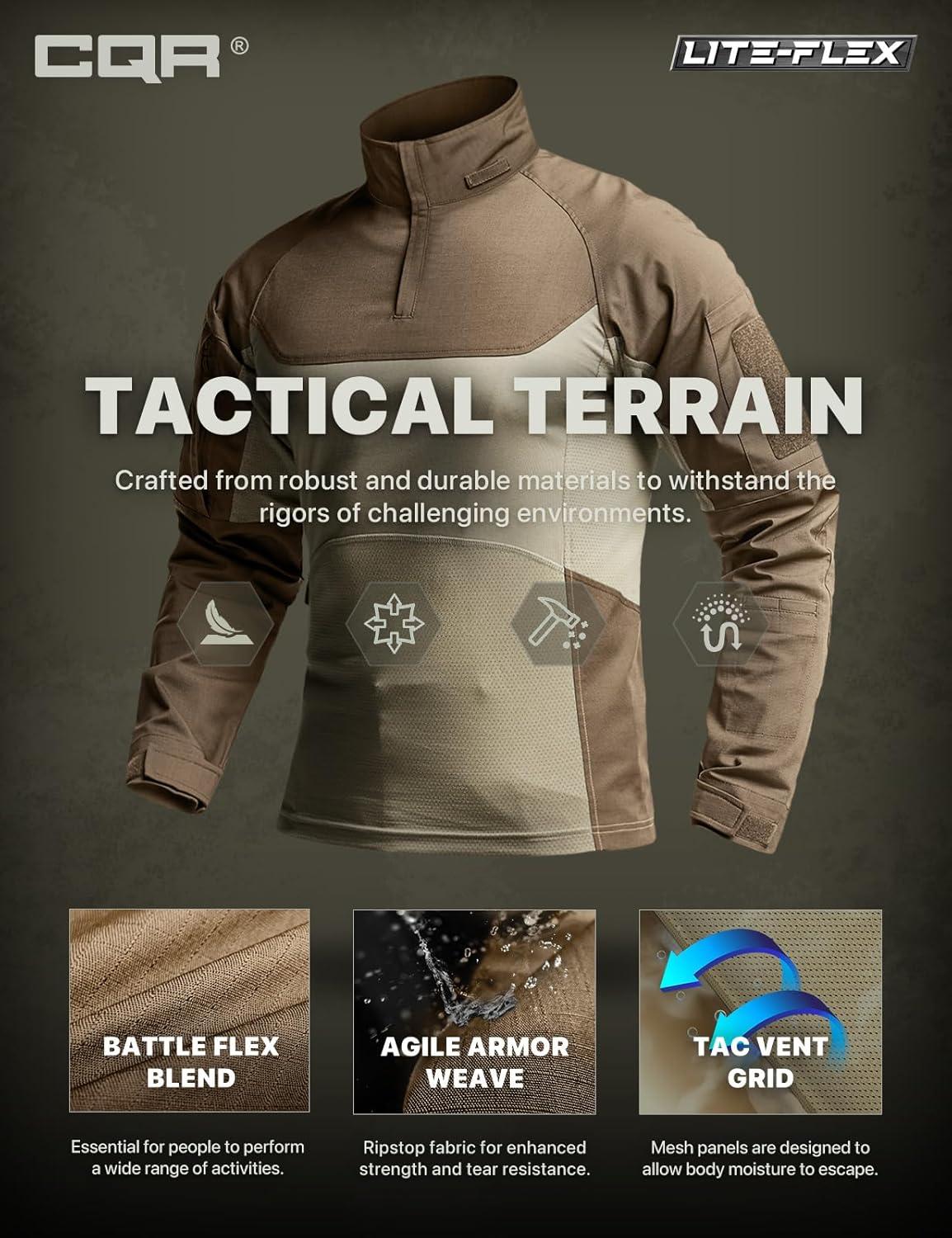 imageCQR Mens Combat Shirt Tactical 14 Zip Long Sleeve Military BDU Shirts Camo EDC Top with PocketsRaider Pro Cougar