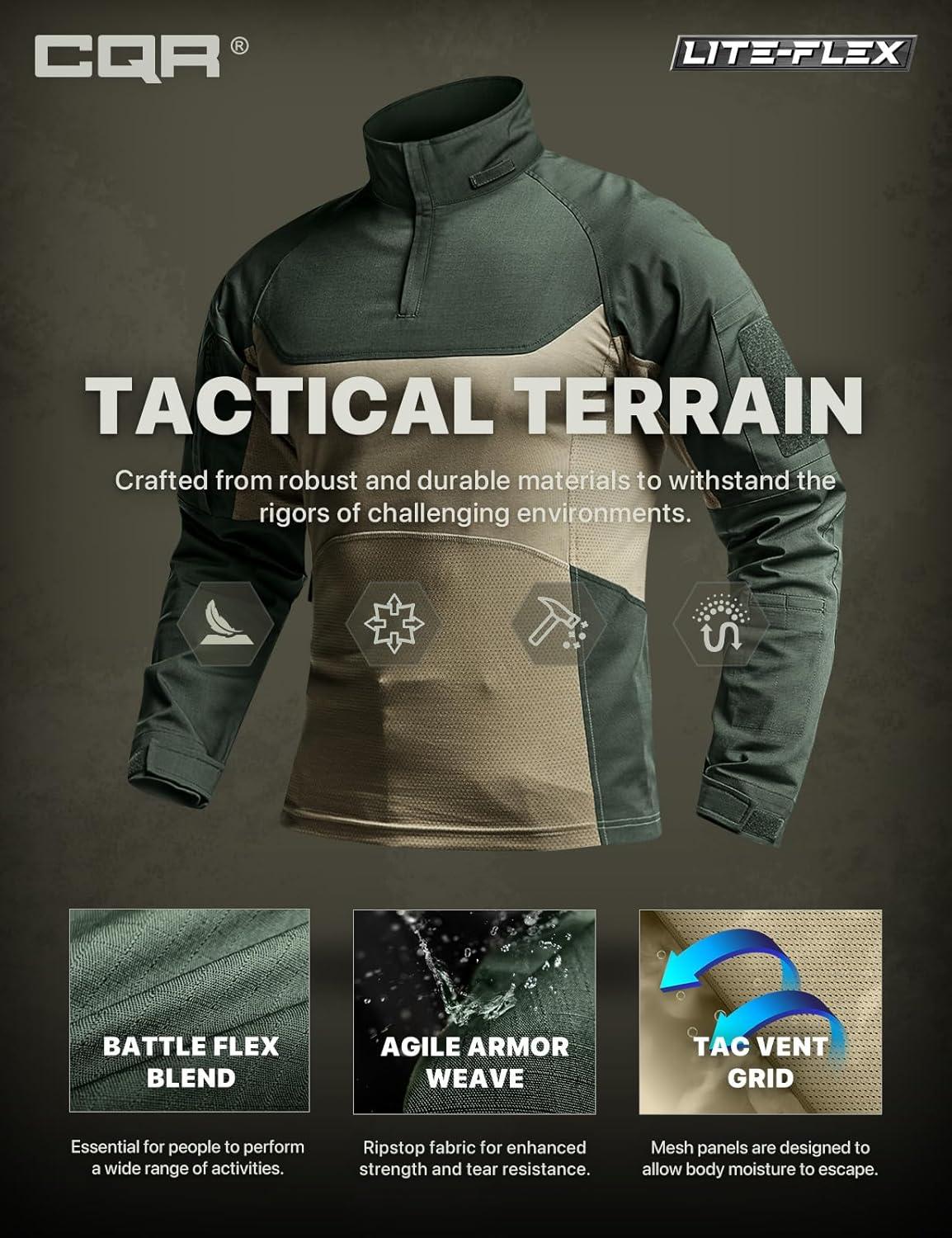 imageCQR Mens Combat Shirt Tactical 14 Zip Long Sleeve Military BDU Shirts Camo EDC Top with PocketsRaider Pro Green Kelp
