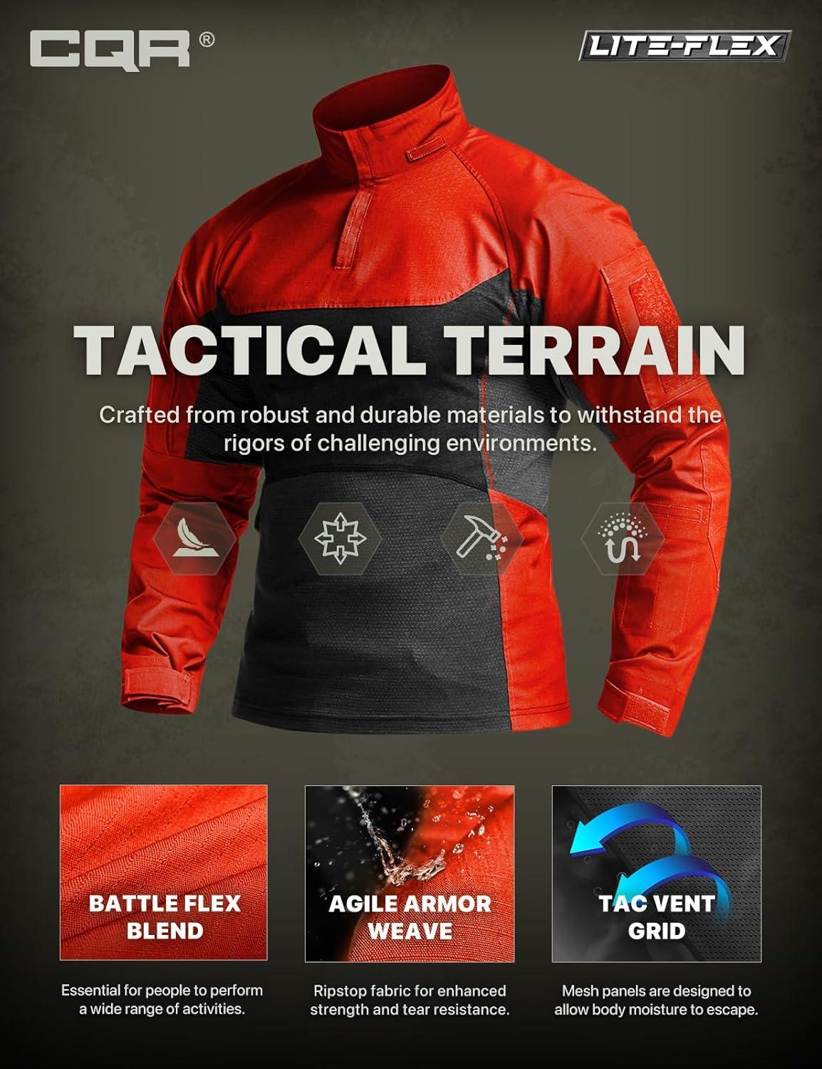 imageCQR Mens Combat Shirt Tactical 14 Zip Long Sleeve Military BDU Shirts Camo EDC Top with PocketsRaider Pro Rescue Orange