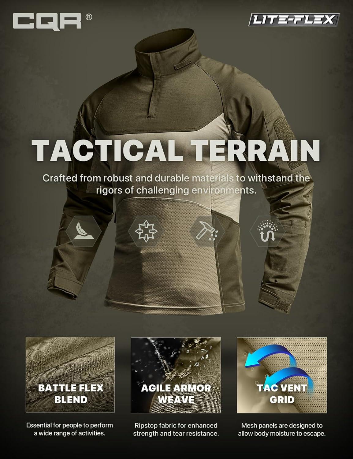 imageCQR Mens Combat Shirt Tactical 14 Zip Long Sleeve Military BDU Shirts Camo EDC Top with PocketsRaider Pro Soil Green