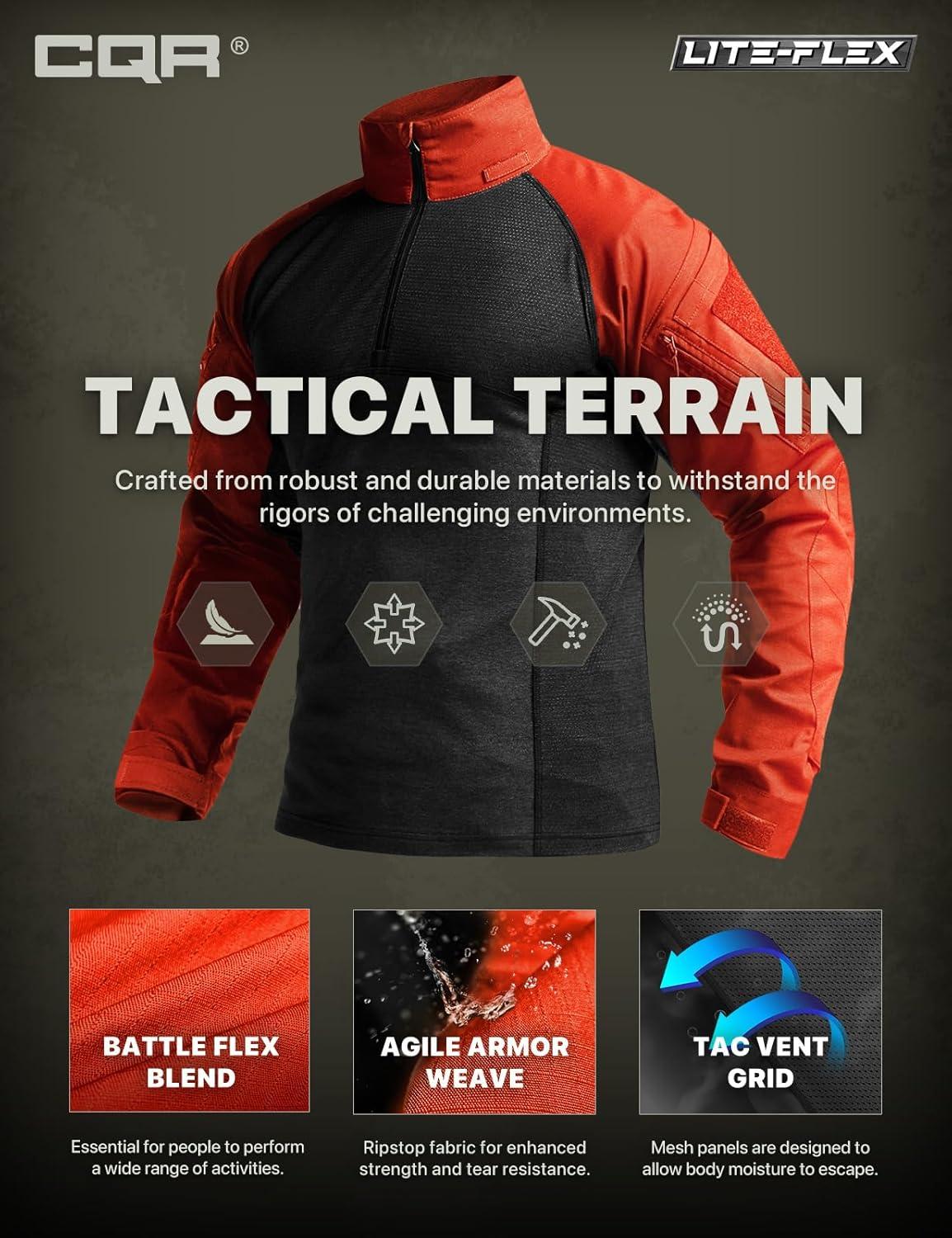imageCQR Mens Combat Shirt Tactical 14 Zip Long Sleeve Military BDU Shirts Camo EDC Top with PocketsRaider Rescue Orange