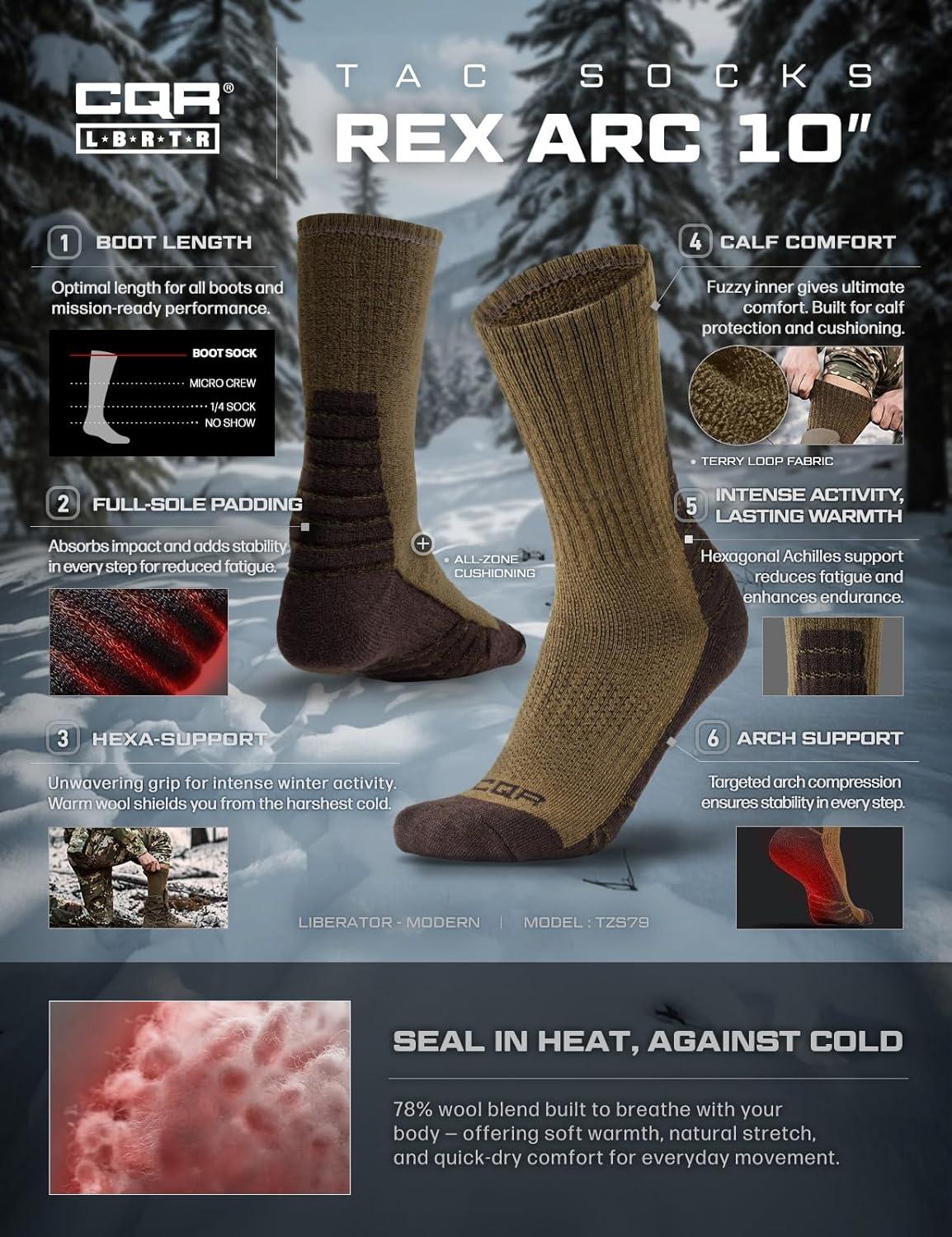 imageCQR 3 Pack Men and Women Wool Hiking Mid Calf Crew Socks Moisture Wicking Breathable Outdoor Tactical Cushion boot SocksRex Arc 10in Coyote Brown