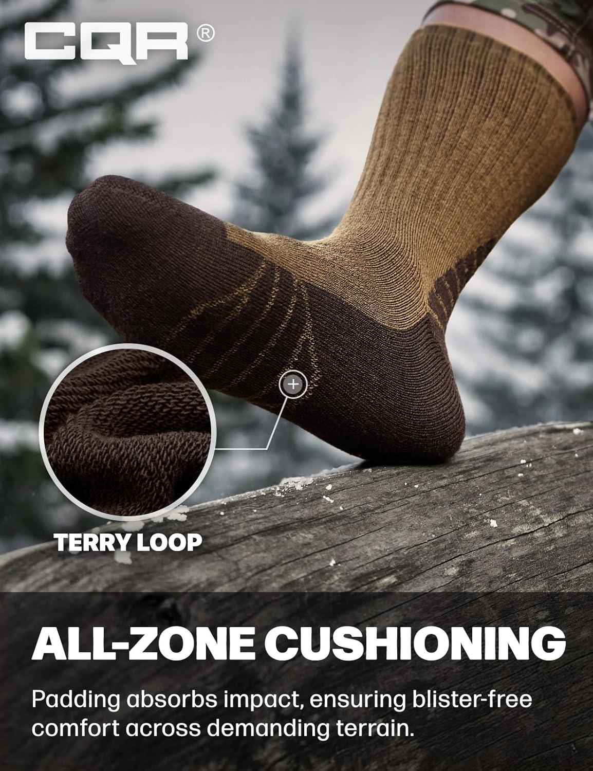 imageCQR 3 Pack Men and Women Wool Hiking Mid Calf Crew Socks Moisture Wicking Breathable Outdoor Tactical Cushion boot SocksRex Arc 10in Coyote Brown