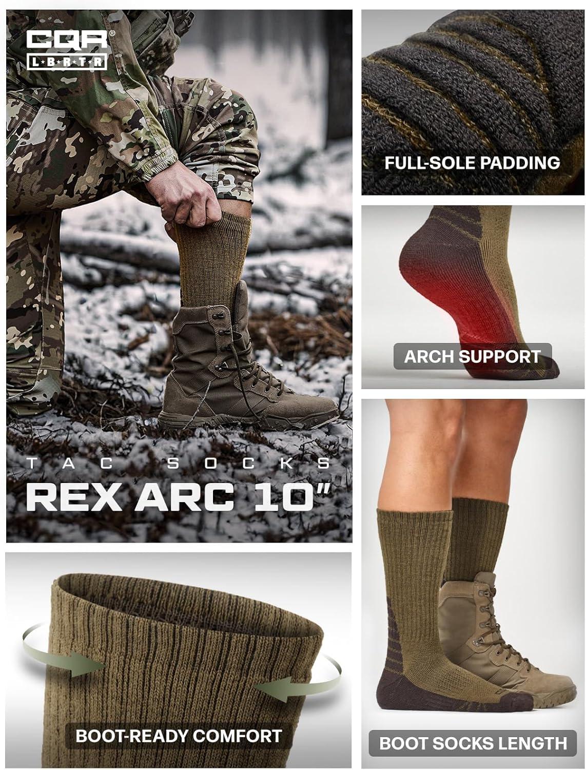 imageCQR 3 Pack Men and Women Wool Hiking Mid Calf Crew Socks Moisture Wicking Breathable Outdoor Tactical Cushion boot SocksRex Arc 10in Coyote Brown