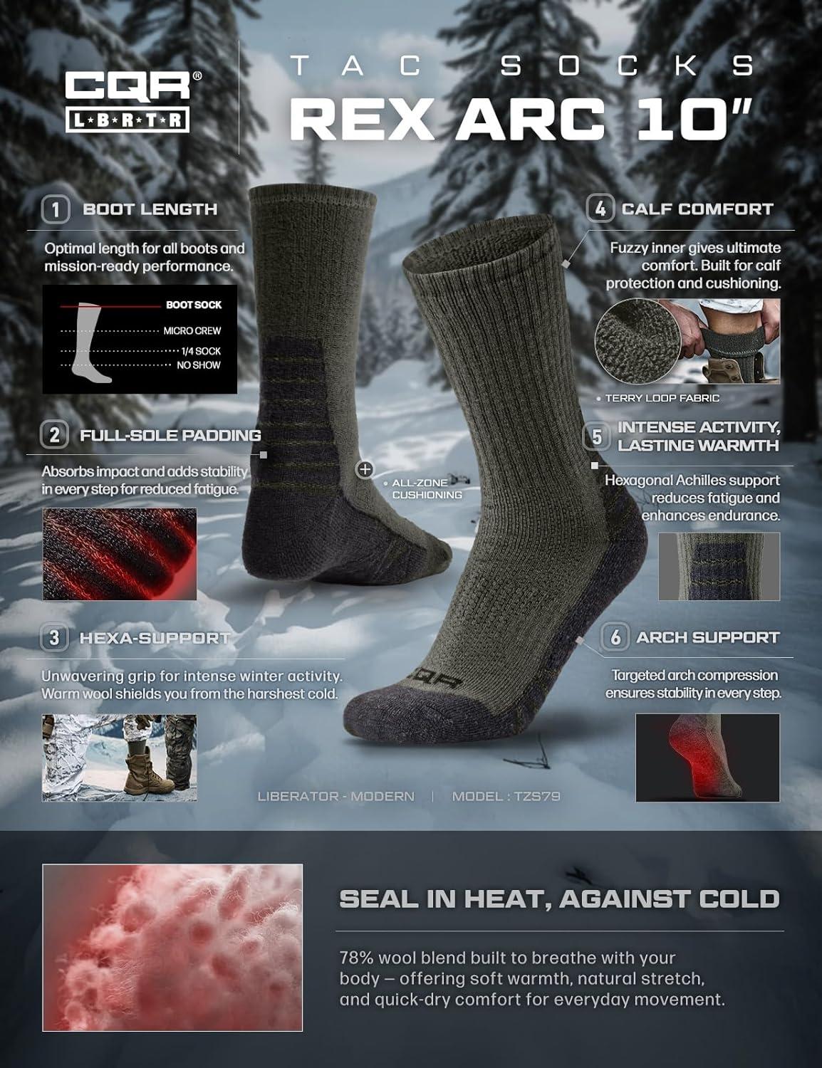 imageCQR 3 Pack Men and Women Wool Hiking Mid Calf Crew Socks Moisture Wicking Breathable Outdoor Tactical Cushion boot SocksRex Arc 10in Soil Green