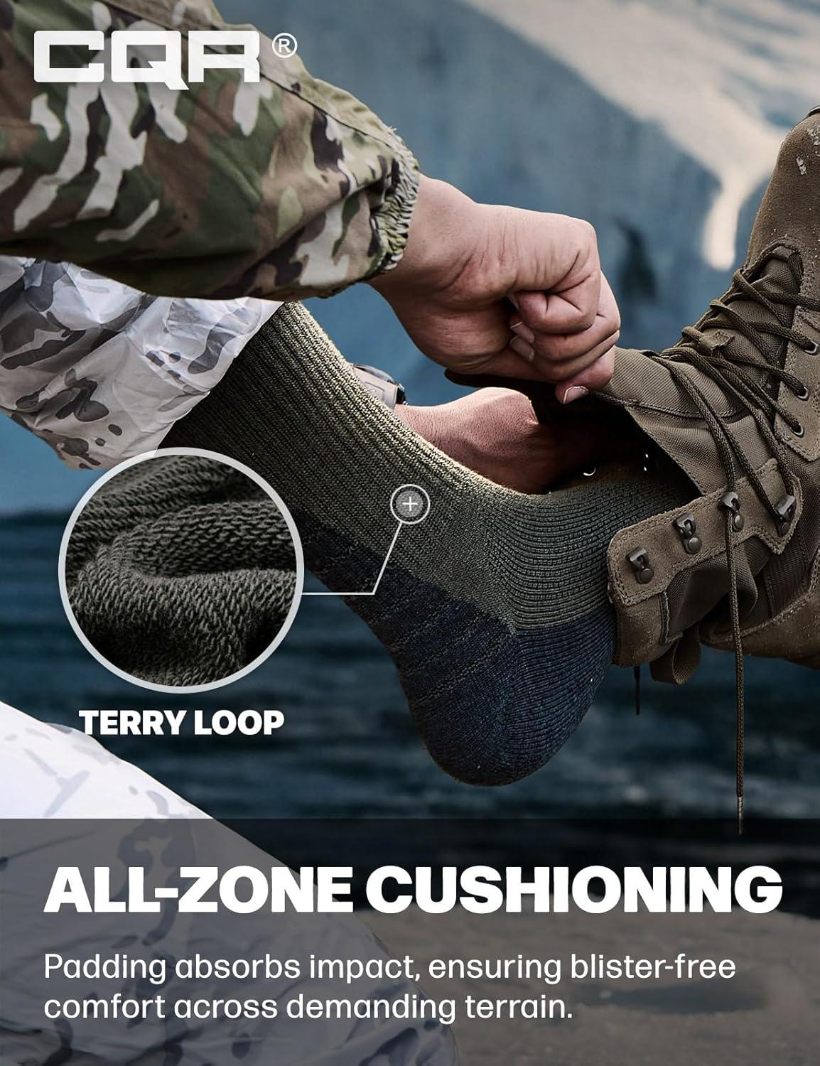 imageCQR 3 Pack Men and Women Wool Hiking Mid Calf Crew Socks Moisture Wicking Breathable Outdoor Tactical Cushion boot SocksRex Arc 10in Soil Green