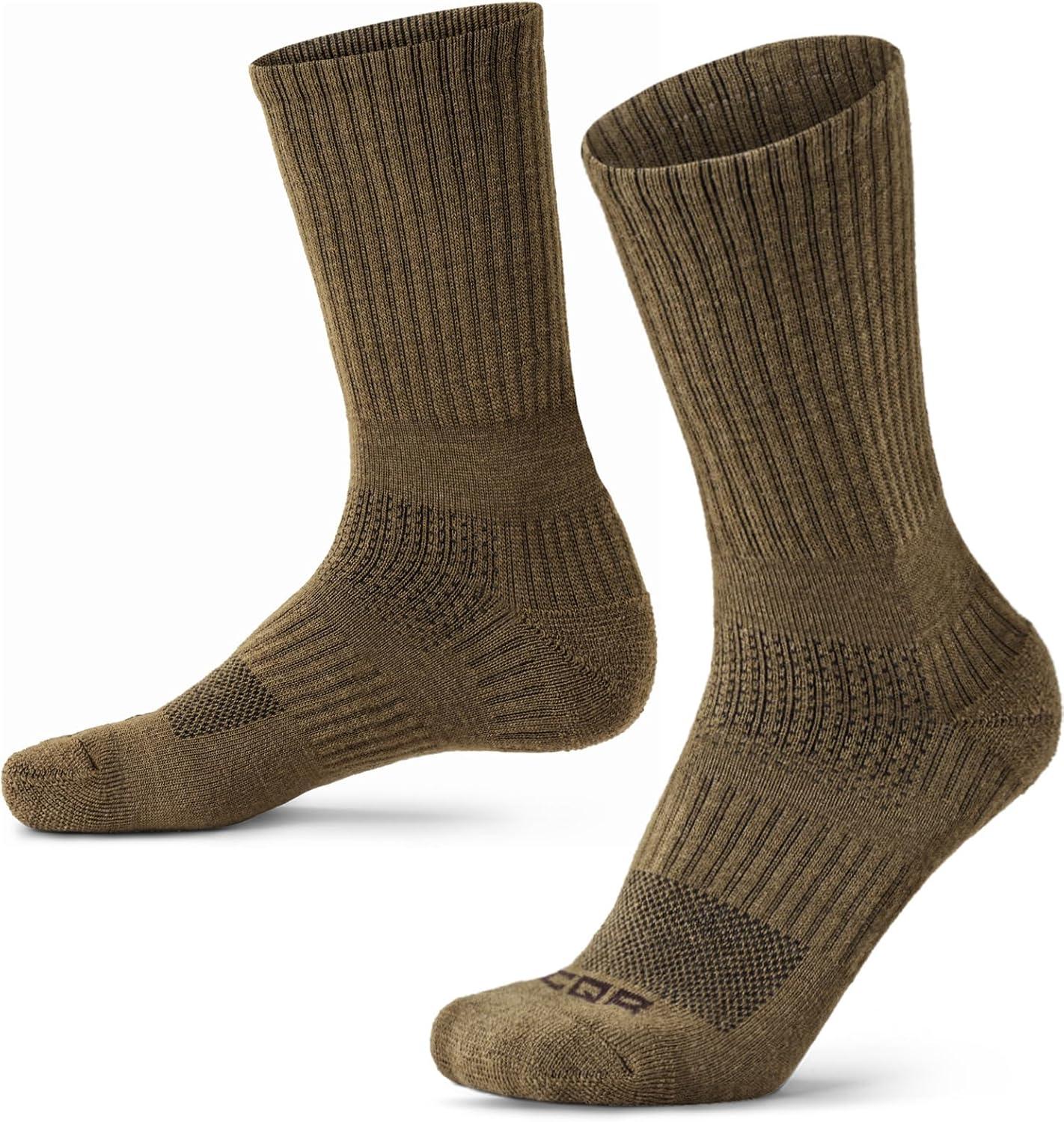 imageCQR 3 Pack Men and Women Wool Hiking Mid Calf Crew Socks Moisture Wicking Breathable Outdoor Tactical Cushion boot SocksRex Lt 85in Coyote Brown