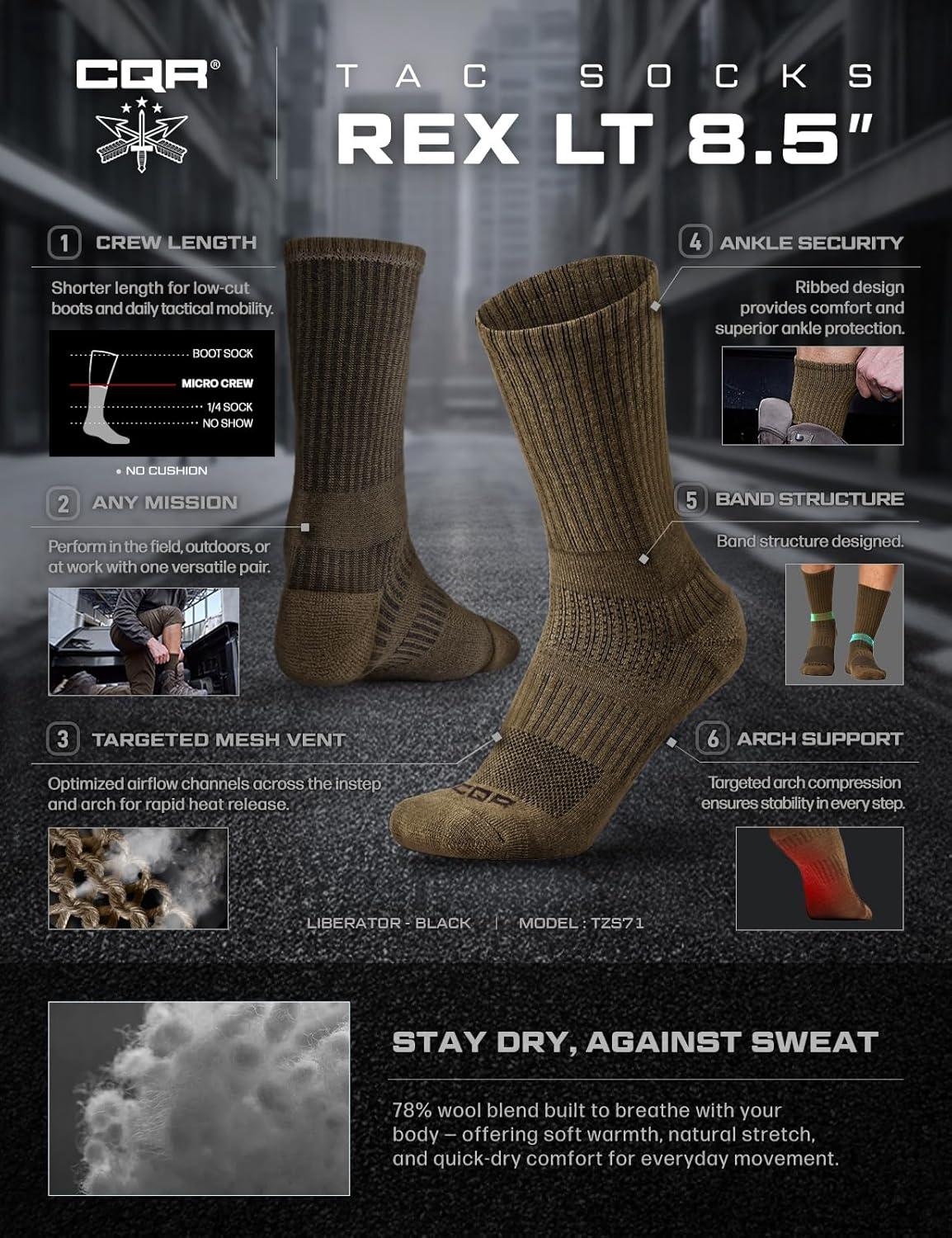 imageCQR 3 Pack Men and Women Wool Hiking Mid Calf Crew Socks Moisture Wicking Breathable Outdoor Tactical Cushion boot SocksRex Lt 85in Coyote Brown