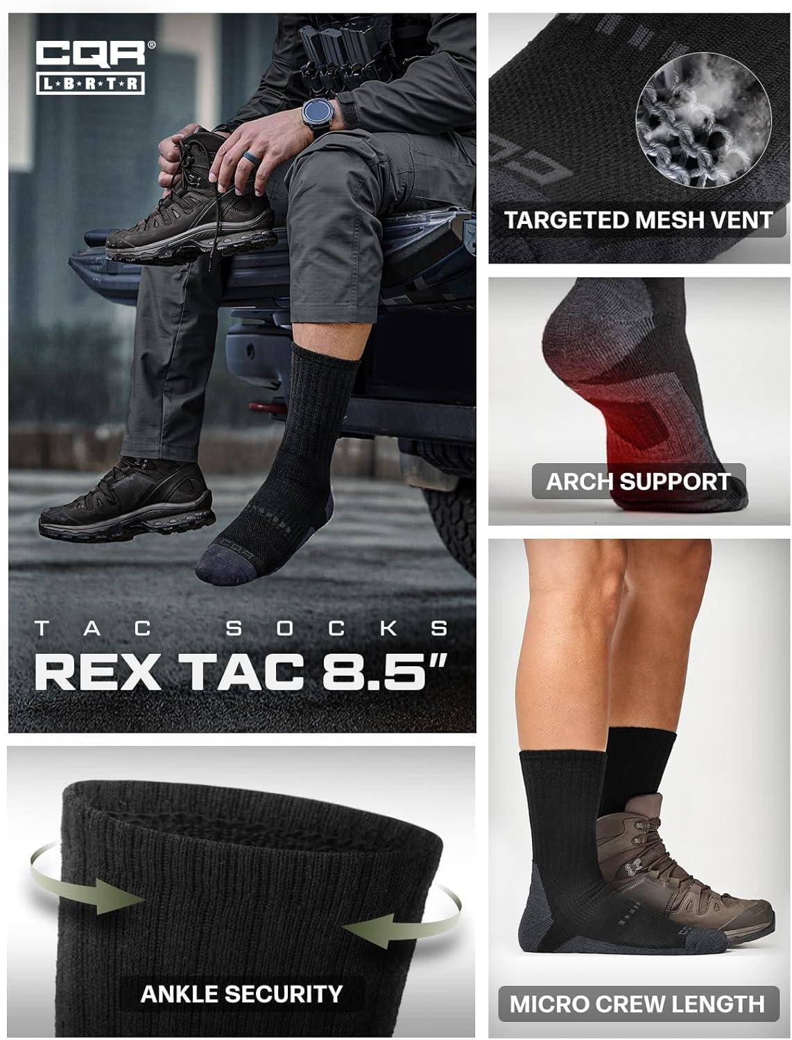 imageCQR 3 Pack Men and Women Wool Hiking Mid Calf Crew Socks Moisture Wicking Breathable Outdoor Tactical Cushion boot SocksRex Tac 85in Black