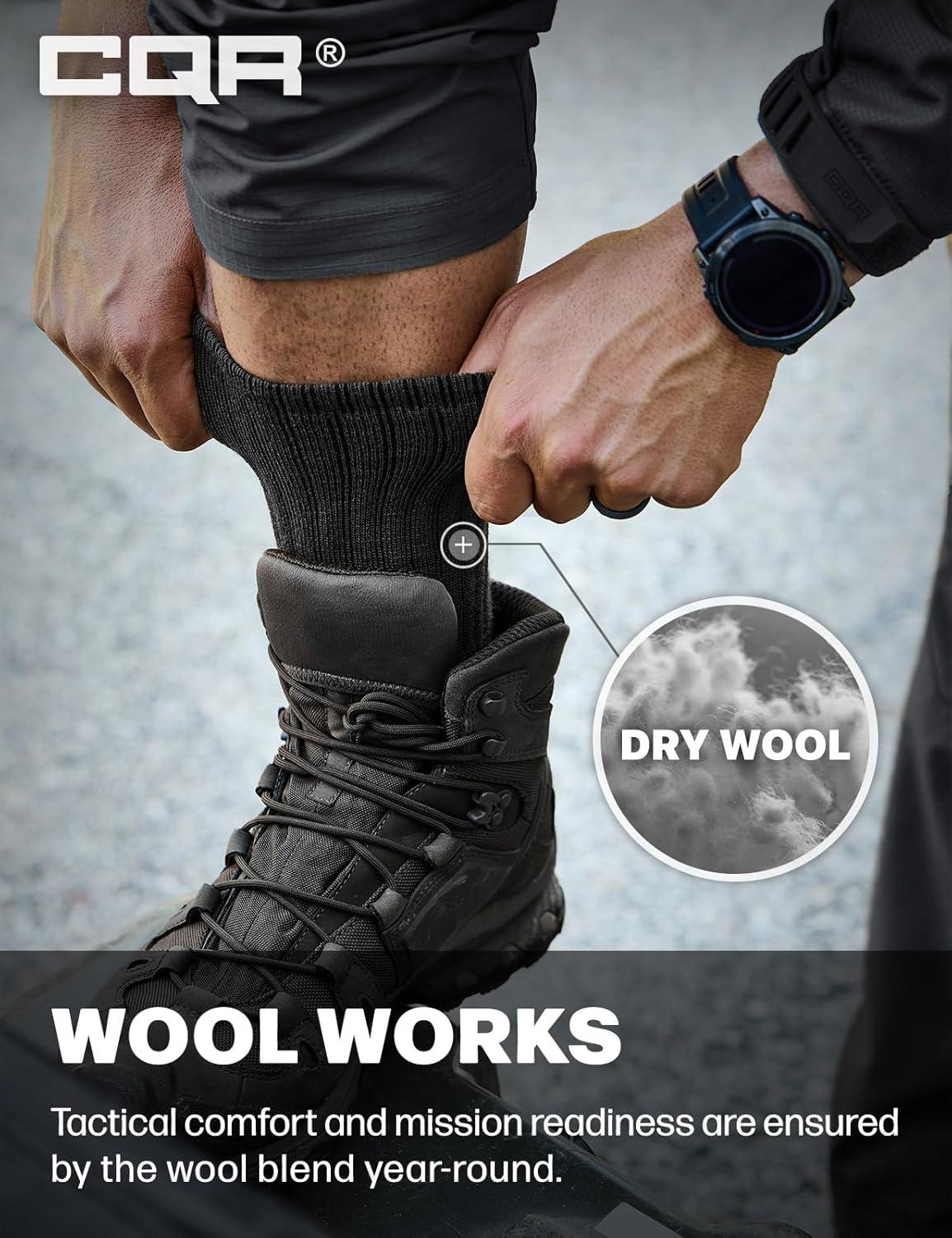 imageCQR 3 Pack Men and Women Wool Hiking Mid Calf Crew Socks Moisture Wicking Breathable Outdoor Tactical Cushion boot SocksRex Tac 85in Black