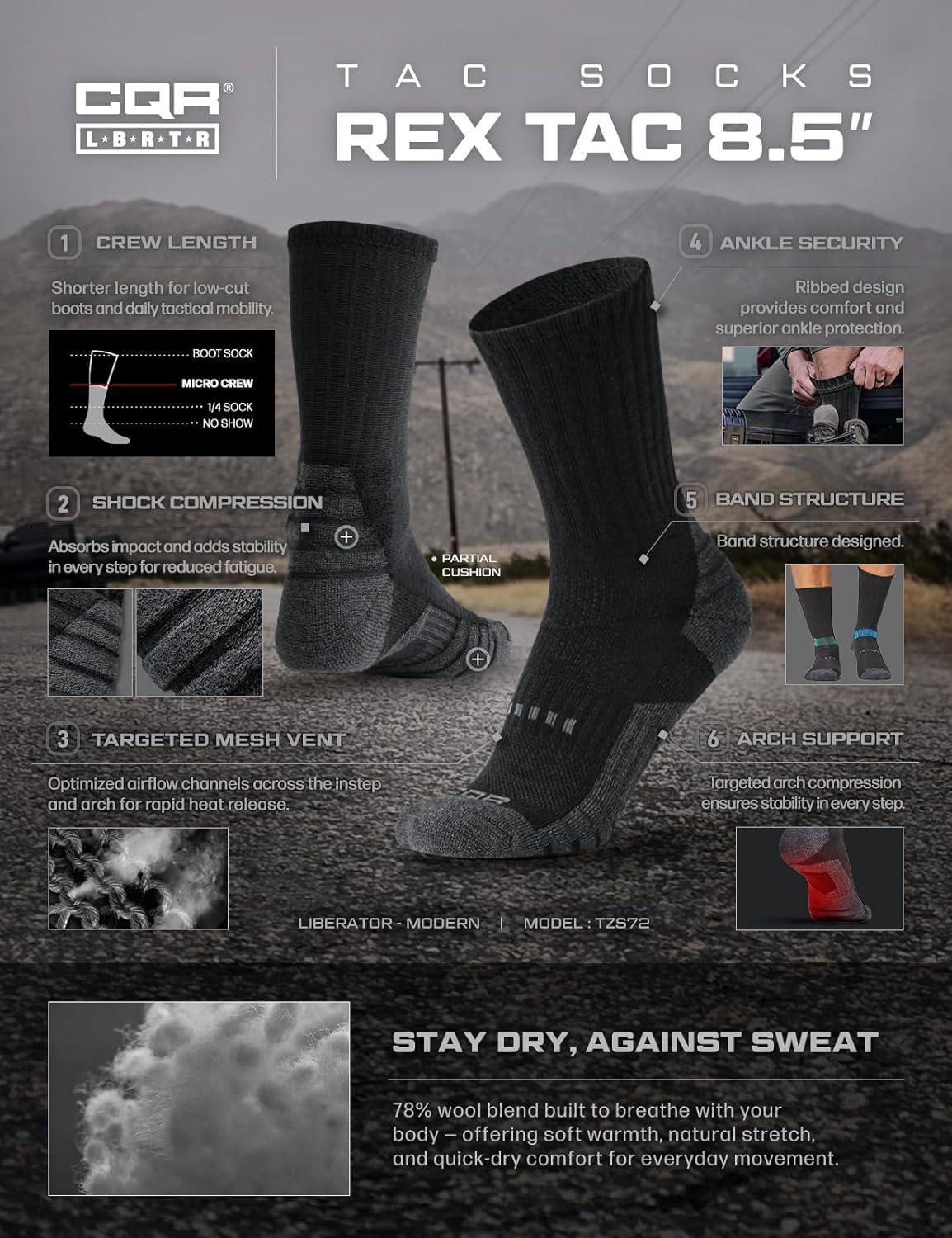 imageCQR 3 Pack Men and Women Wool Hiking Mid Calf Crew Socks Moisture Wicking Breathable Outdoor Tactical Cushion boot SocksRex Tac 85in Black