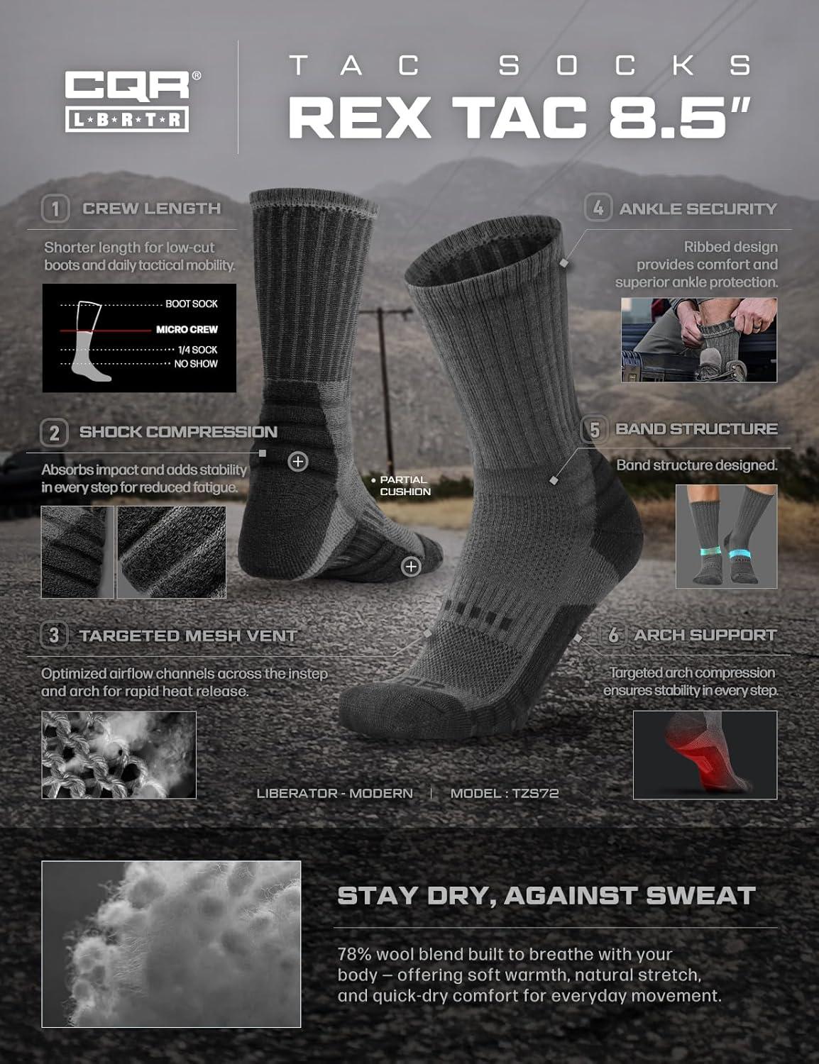 imageCQR 3 Pack Men and Women Wool Hiking Mid Calf Crew Socks Moisture Wicking Breathable Outdoor Tactical Cushion boot SocksRex Tac 85in Light Grey