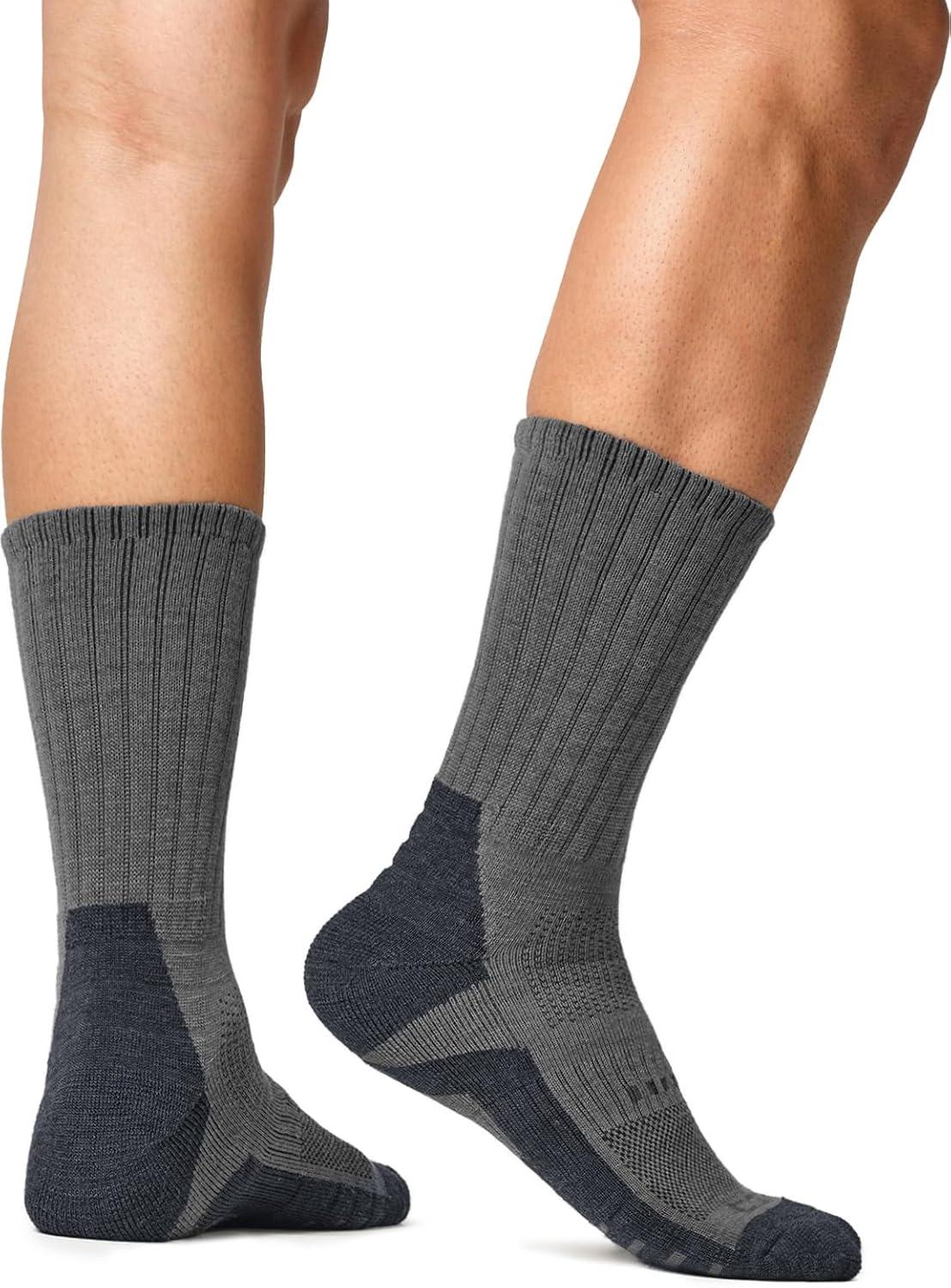 imageCQR 3 Pack Men and Women Wool Hiking Mid Calf Crew Socks Moisture Wicking Breathable Outdoor Tactical Cushion boot SocksRex Tac 85in Light Grey