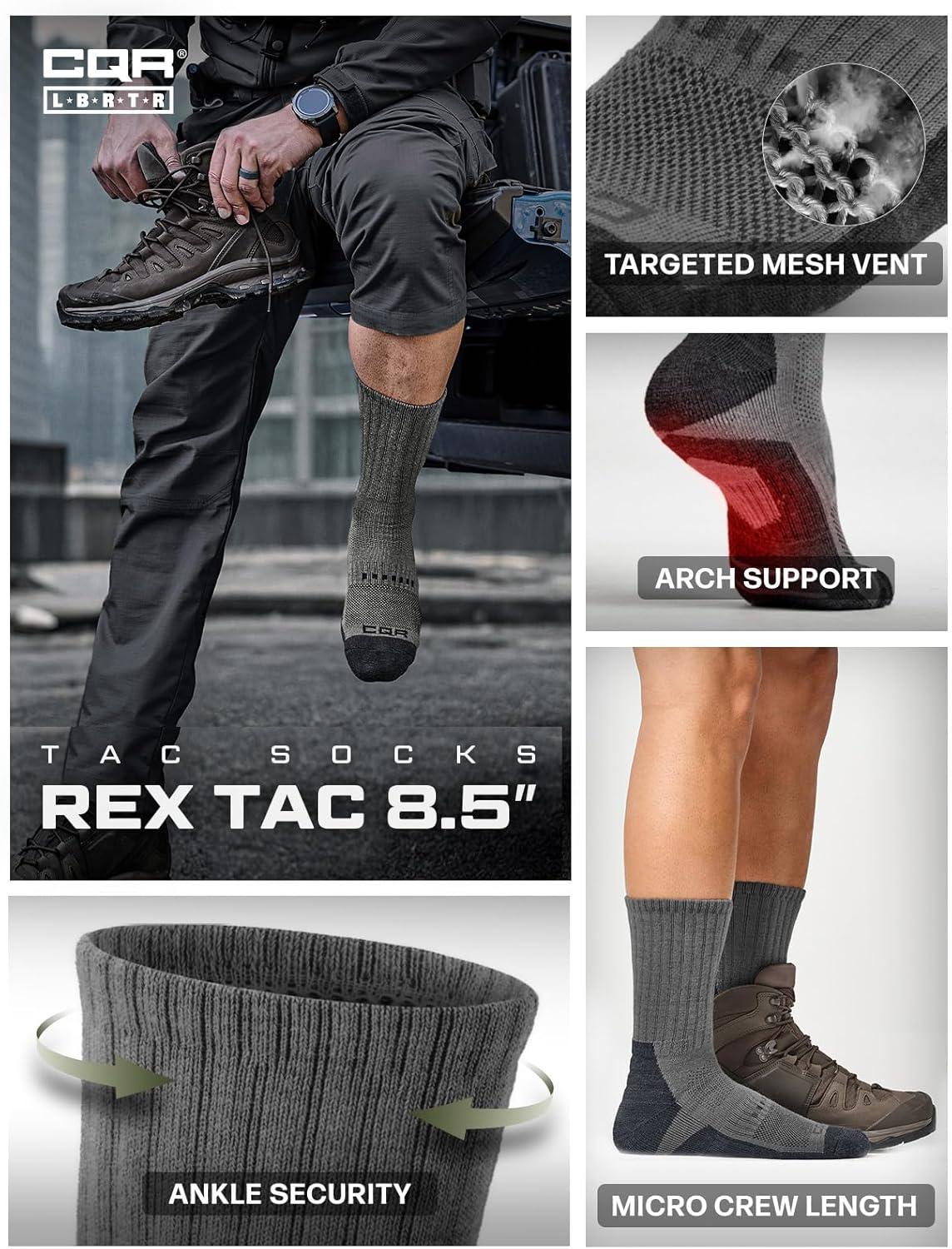 imageCQR 3 Pack Men and Women Wool Hiking Mid Calf Crew Socks Moisture Wicking Breathable Outdoor Tactical Cushion boot SocksRex Tac 85in Light Grey