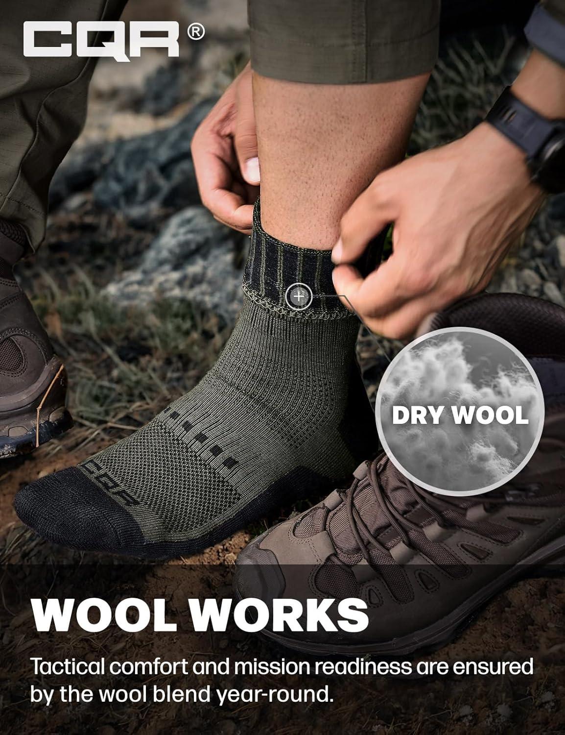 imageCQR 3 Pack Men and Women Wool Hiking Mid Calf Crew Socks Moisture Wicking Breathable Outdoor Tactical Cushion boot SocksRex Tac 85in Soil Green
