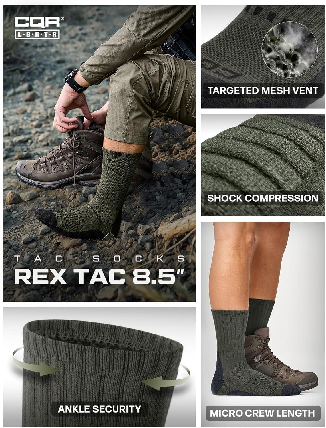 imageCQR 3 Pack Men and Women Wool Hiking Mid Calf Crew Socks Moisture Wicking Breathable Outdoor Tactical Cushion boot SocksRex Tac 85in Soil Green