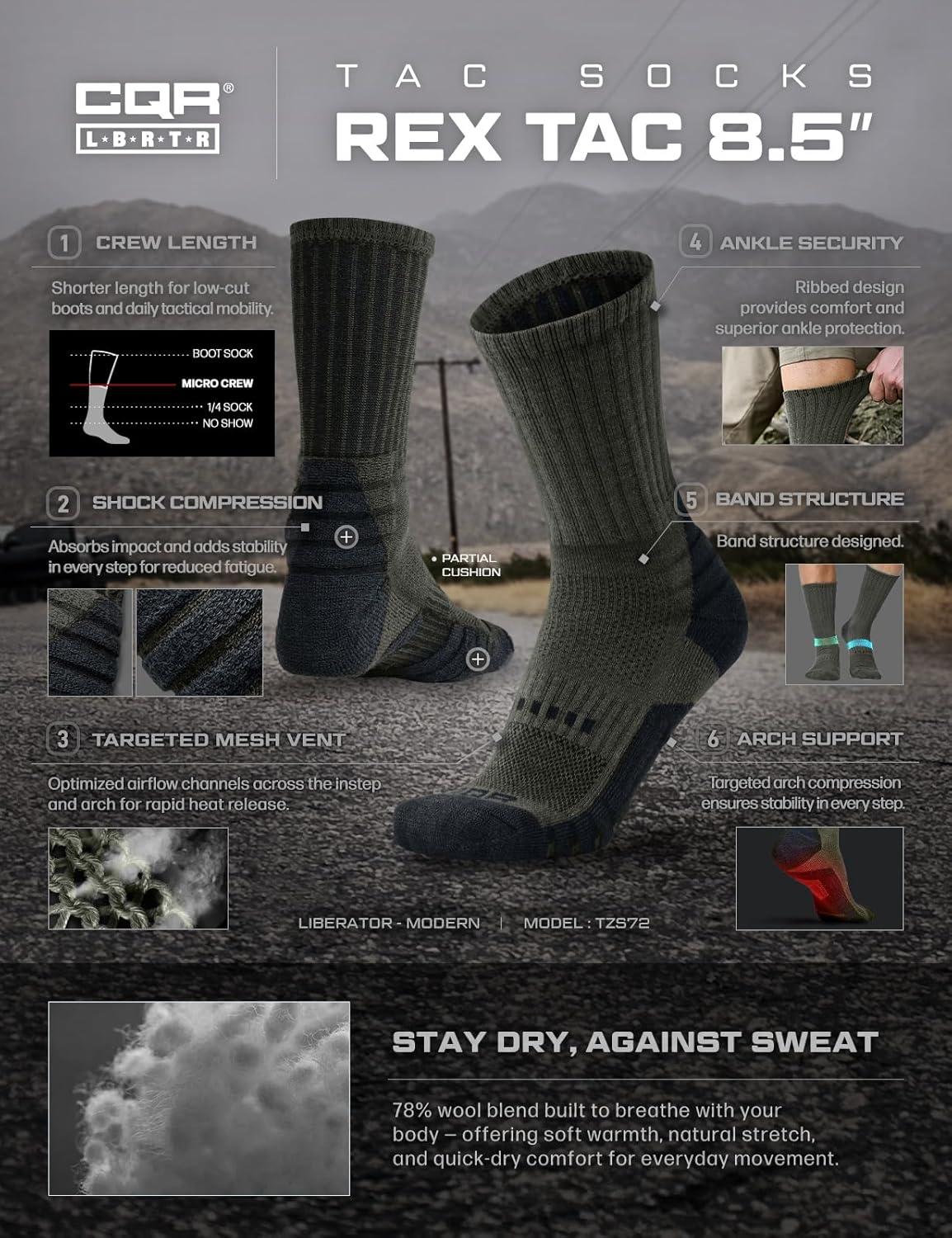 imageCQR 3 Pack Men and Women Wool Hiking Mid Calf Crew Socks Moisture Wicking Breathable Outdoor Tactical Cushion boot SocksRex Tac 85in Soil Green