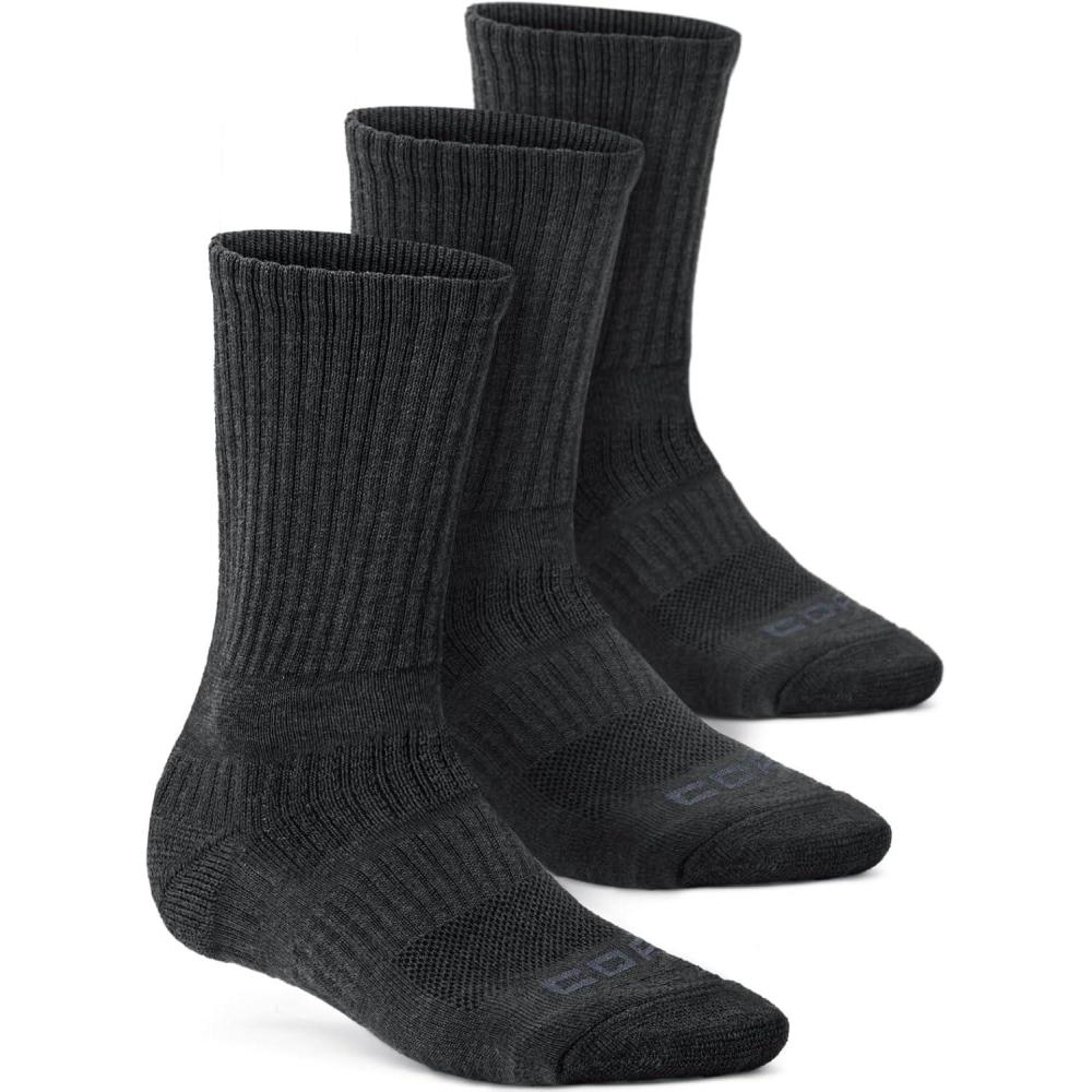 imageCQR 3 Pack Men and Women Wool Hiking Mid Calf Crew Socks Moisture Wicking Breathable Outdoor Tactical Cushion boot SocksRex Lt 85in Black