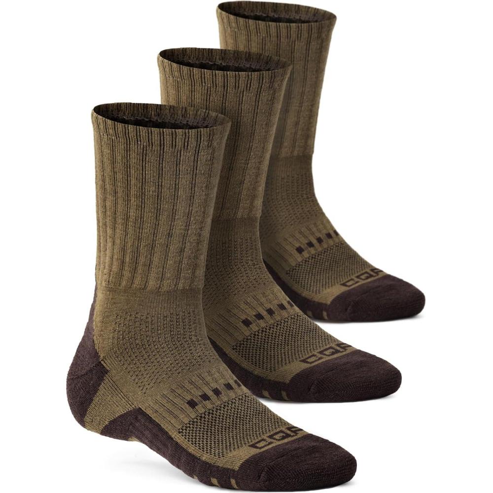 imageCQR 3 Pack Men and Women Wool Hiking Mid Calf Crew Socks Moisture Wicking Breathable Outdoor Tactical Cushion boot SocksRex Tac 85in Coyote Brown