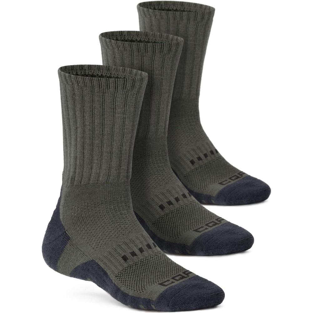 imageCQR 3 Pack Men and Women Wool Hiking Mid Calf Crew Socks Moisture Wicking Breathable Outdoor Tactical Cushion boot SocksRex Tac 85in Soil Green