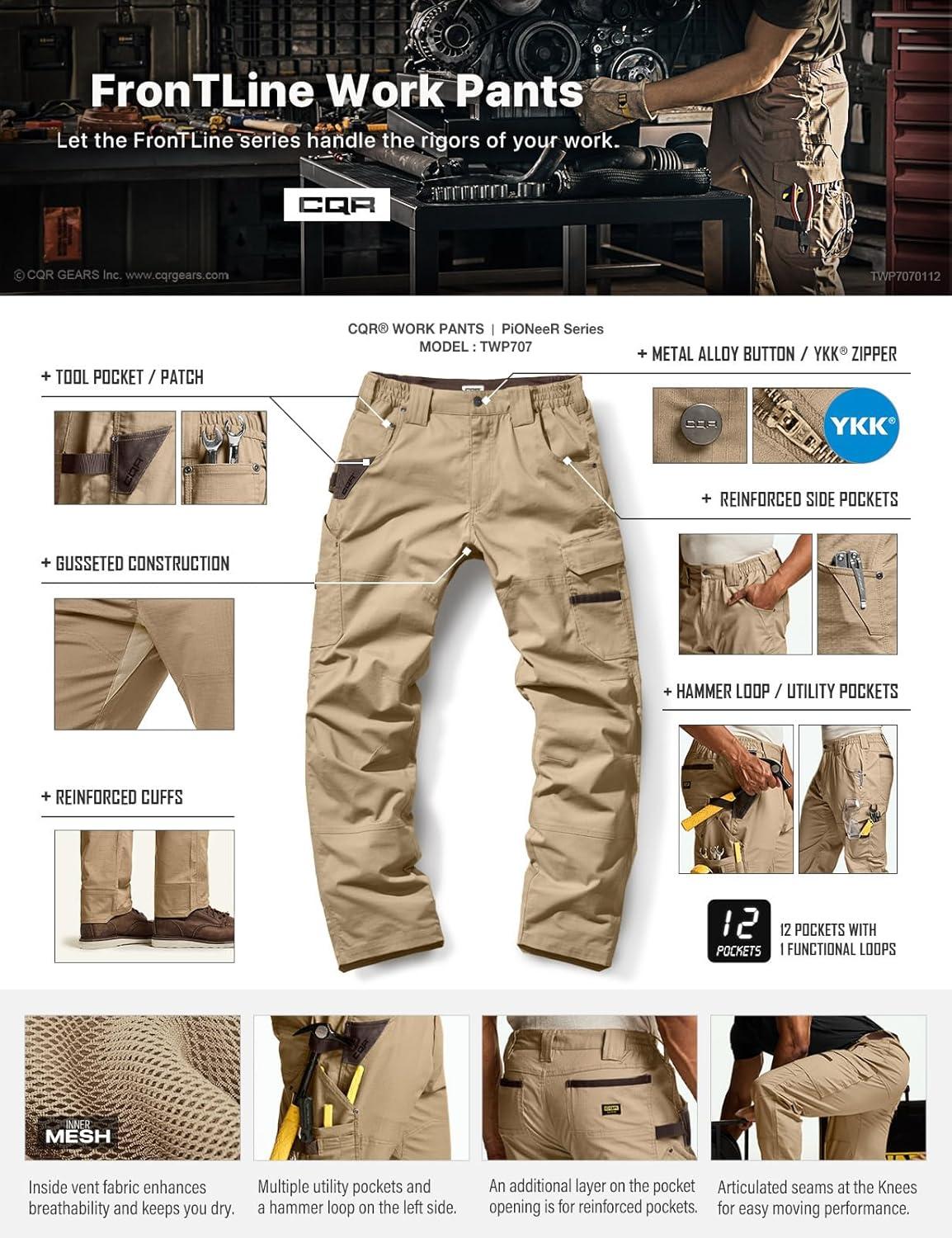 imageCQR Mens Quick Dry Work Pants Water Resistant Outdoor Tactical Pants Lightweight Stretch Cargo Hiking PantsDura Flex Pants Alamo Khaki