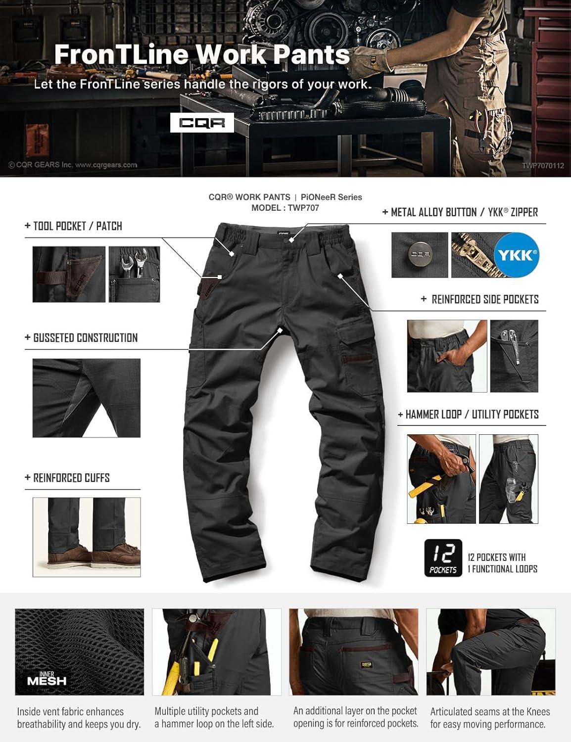 imageCQR Mens Quick Dry Work Pants Water Resistant Outdoor Tactical Pants Lightweight Stretch Cargo Hiking PantsDura Flex Pants Black
