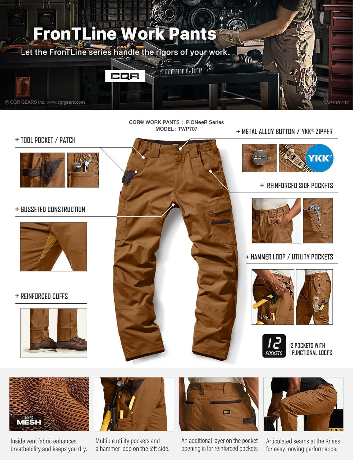 imageCQR Mens Quick Dry Work Pants Water Resistant Outdoor Tactical Pants Lightweight Stretch Cargo Hiking PantsDura Flex Pants Copper Brown