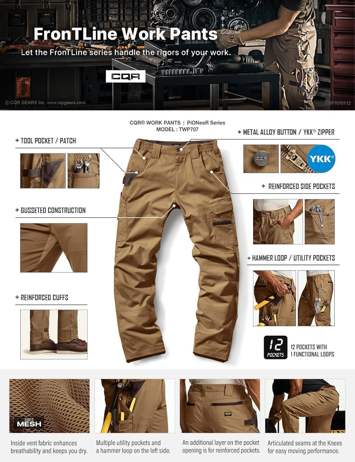 imageCQR Mens Quick Dry Work Pants Water Resistant Outdoor Tactical Pants Lightweight Stretch Cargo Hiking PantsDura Flex Pants Coyote