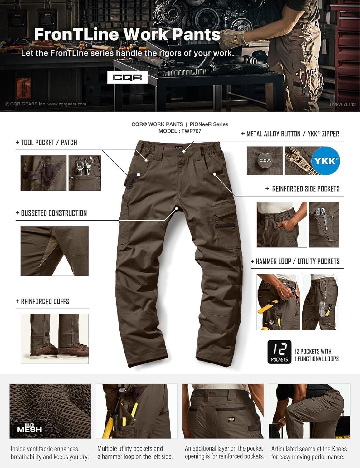 imageCQR Mens Quick Dry Work Pants Water Resistant Outdoor Tactical Pants Lightweight Stretch Cargo Hiking PantsDura Flex Pants Dark Brown