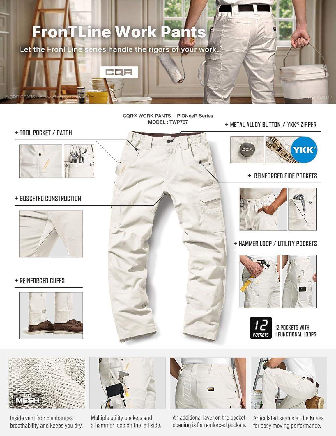 imageCQR Mens Quick Dry Work Pants Water Resistant Outdoor Tactical Pants Lightweight Stretch Cargo Hiking PantsDura Flex Pants Frosted White