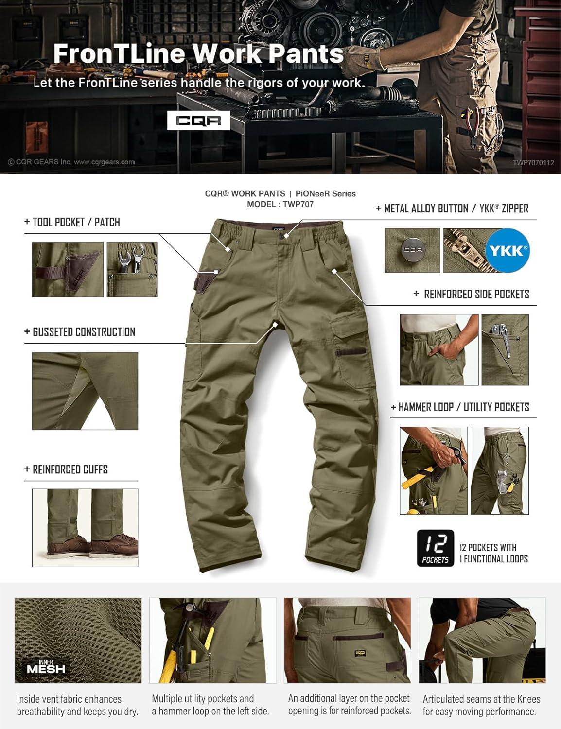 imageCQR Mens Quick Dry Work Pants Water Resistant Outdoor Tactical Pants Lightweight Stretch Cargo Hiking PantsDura Flex Pants Soil Green