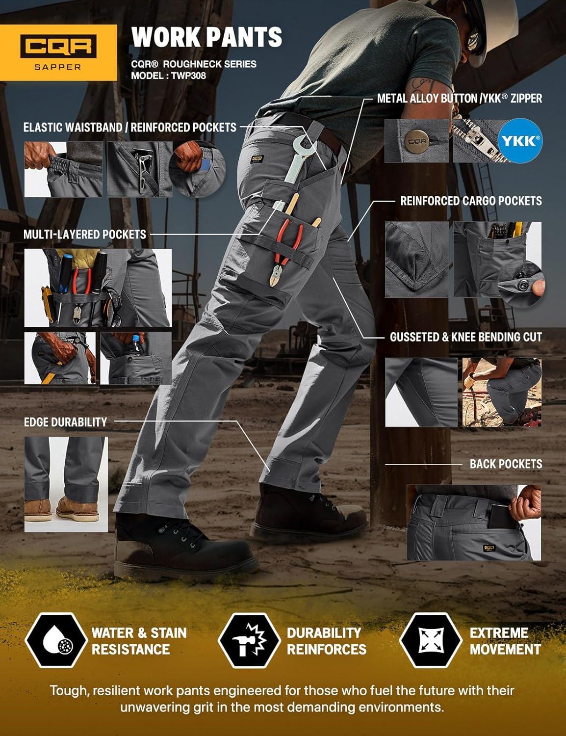 imageCQR Mens Quick Dry Work Pants Water Resistant Outdoor Tactical Pants Lightweight Stretch Cargo Hiking PantsFrontline Charcoal