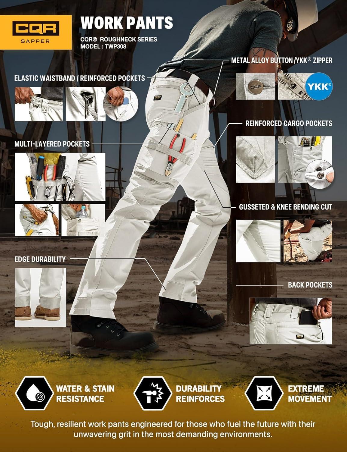 imageCQR Mens Quick Dry Work Pants Water Resistant Outdoor Tactical Pants Lightweight Stretch Cargo Hiking PantsFrontline Frosted White