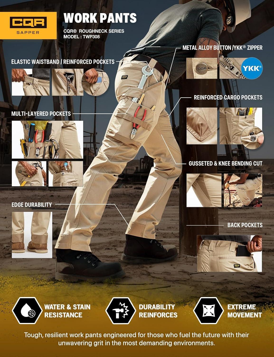 imageCQR Mens Quick Dry Work Pants Water Resistant Outdoor Tactical Pants Lightweight Stretch Cargo Hiking PantsFrontline Khaki